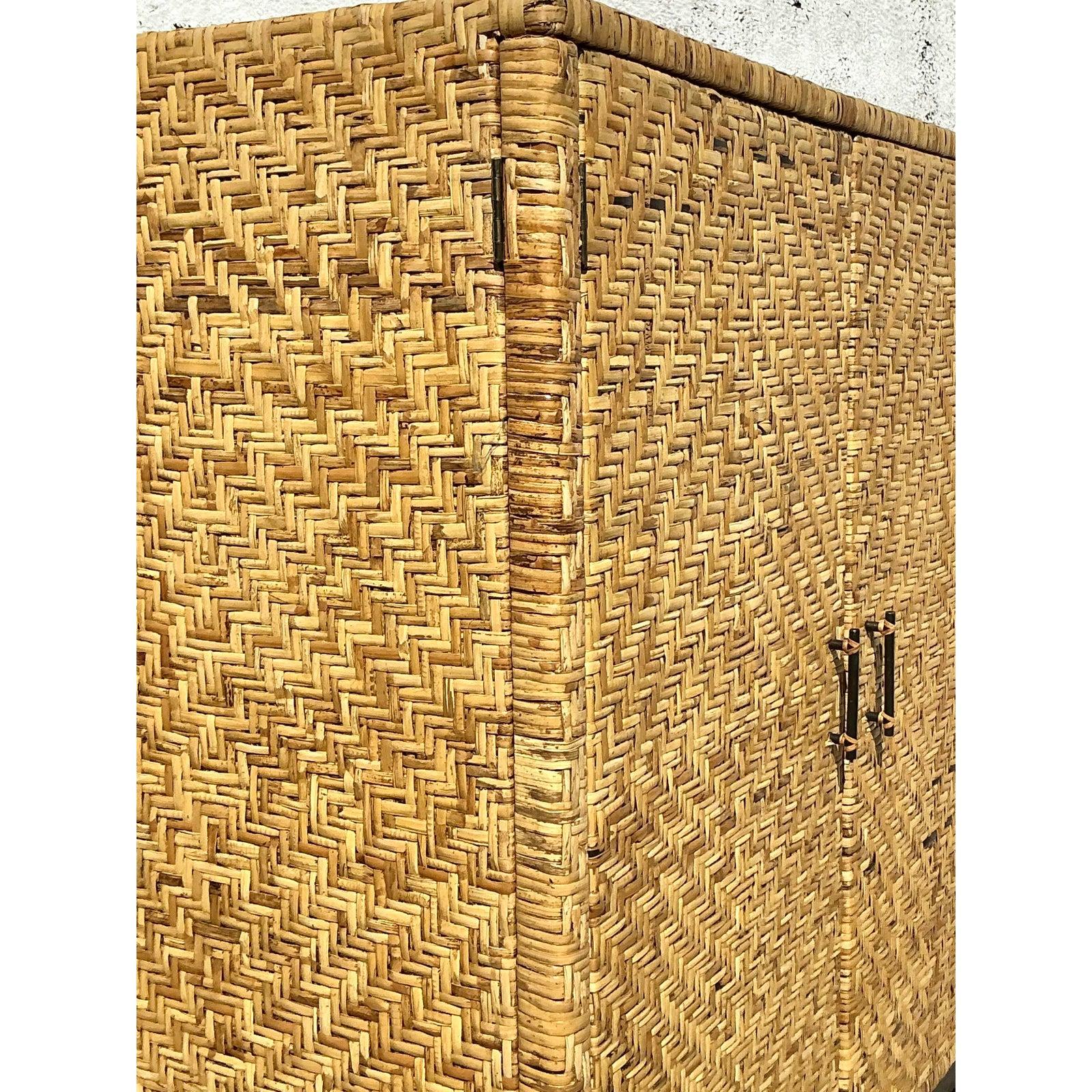 Vintage Coastal Woven Rattan Armoire In Good Condition For Sale In west palm beach, FL