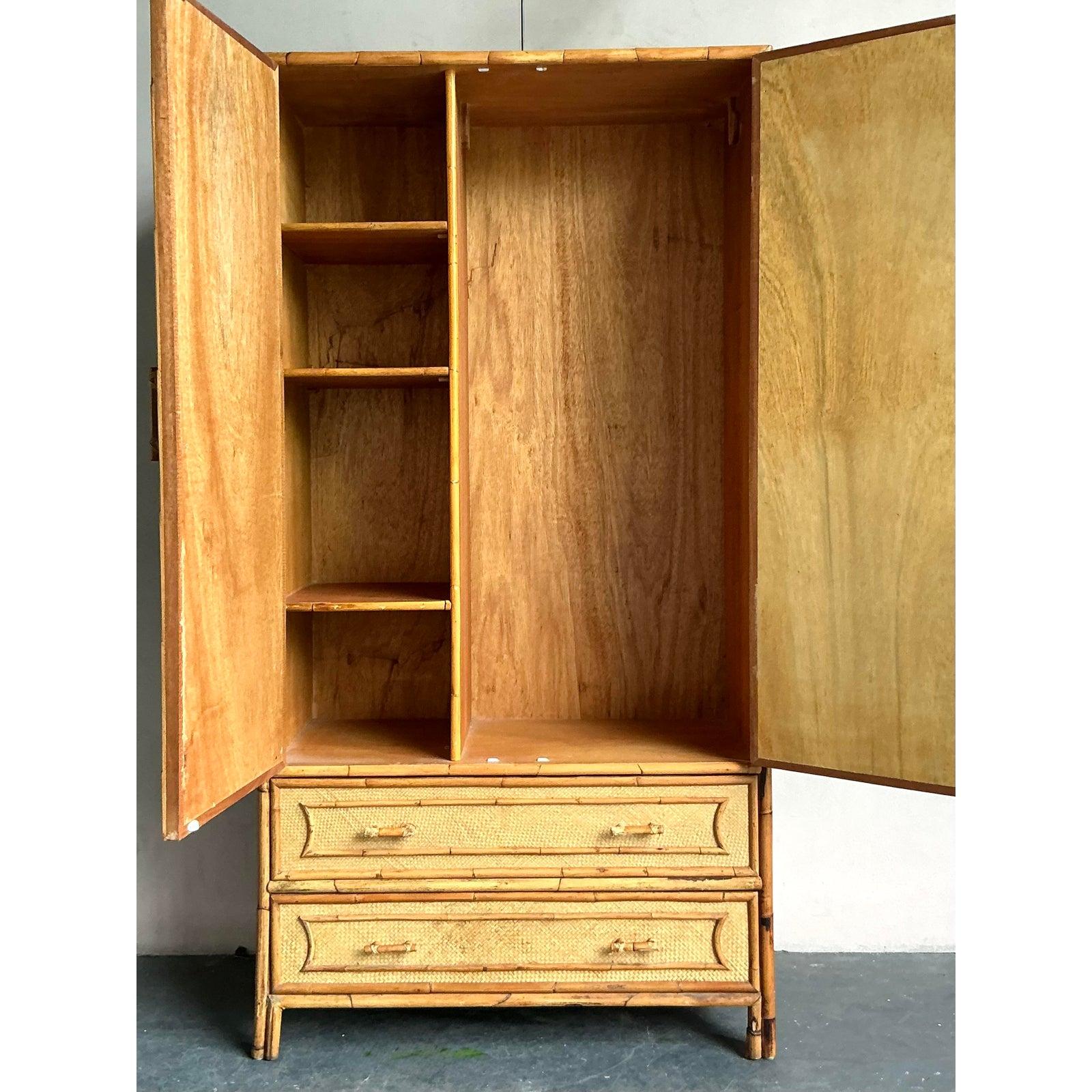 Vintage Coastal Woven Rattan Armoire In Good Condition For Sale In West Palm Beach, FL