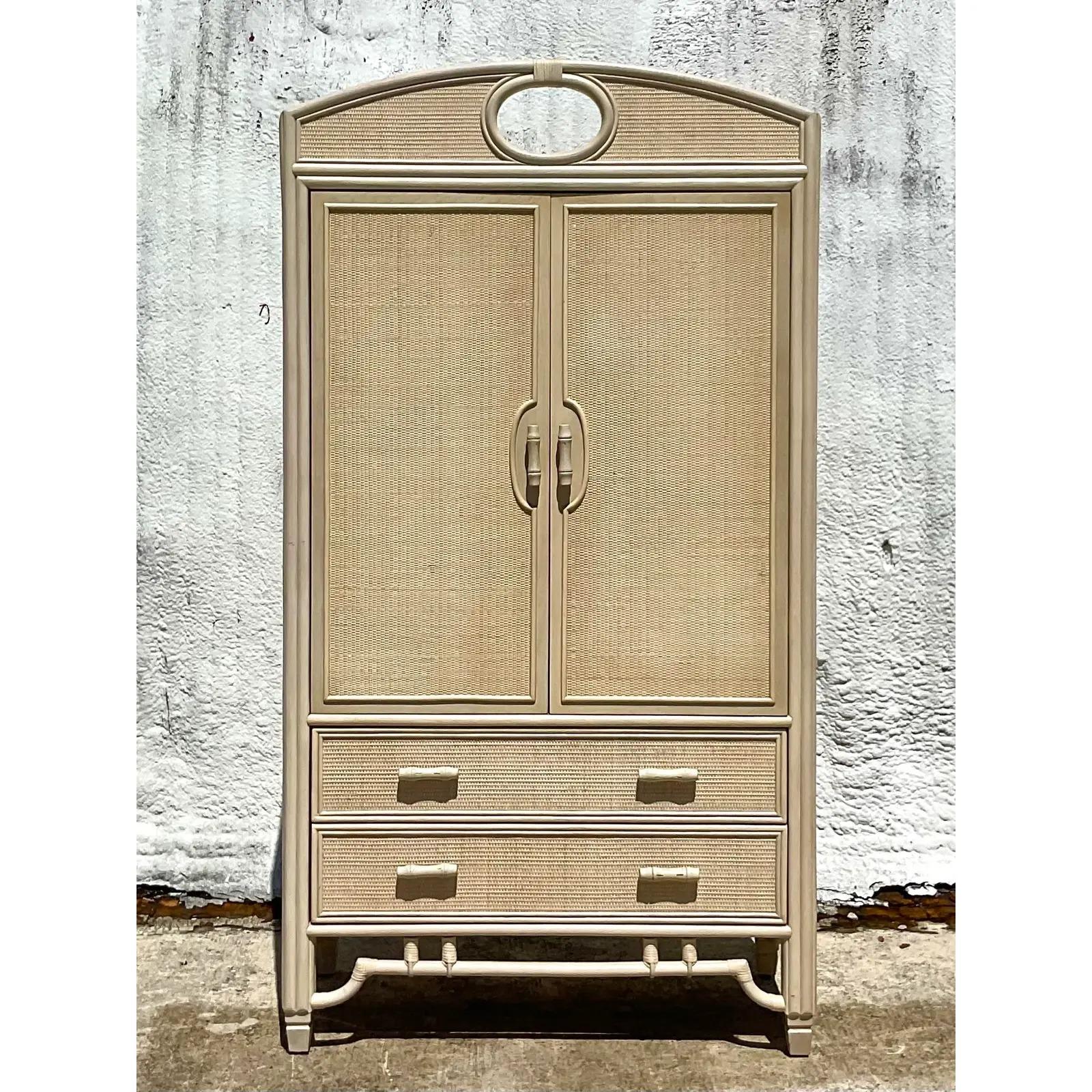 Vintage Coastal Woven Rattan Armoire In Good Condition In west palm beach, FL