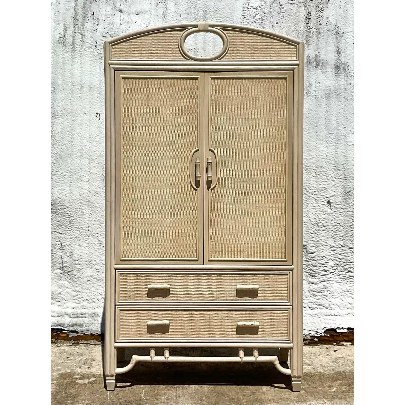 Vintage Coastal Woven Rattan Armoire In Good Condition In West Palm Beach, FL