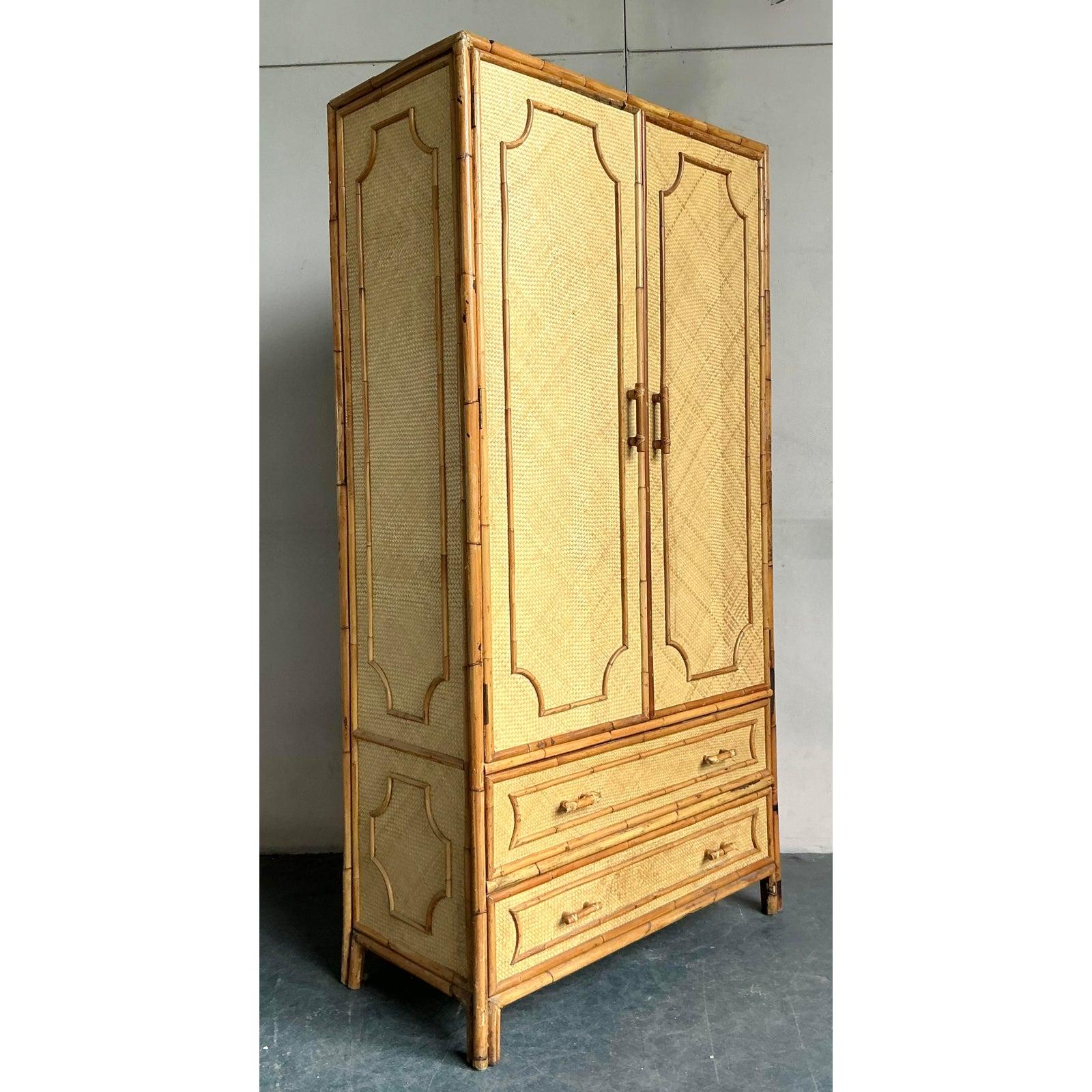 20th Century Vintage Coastal Woven Rattan Armoire For Sale