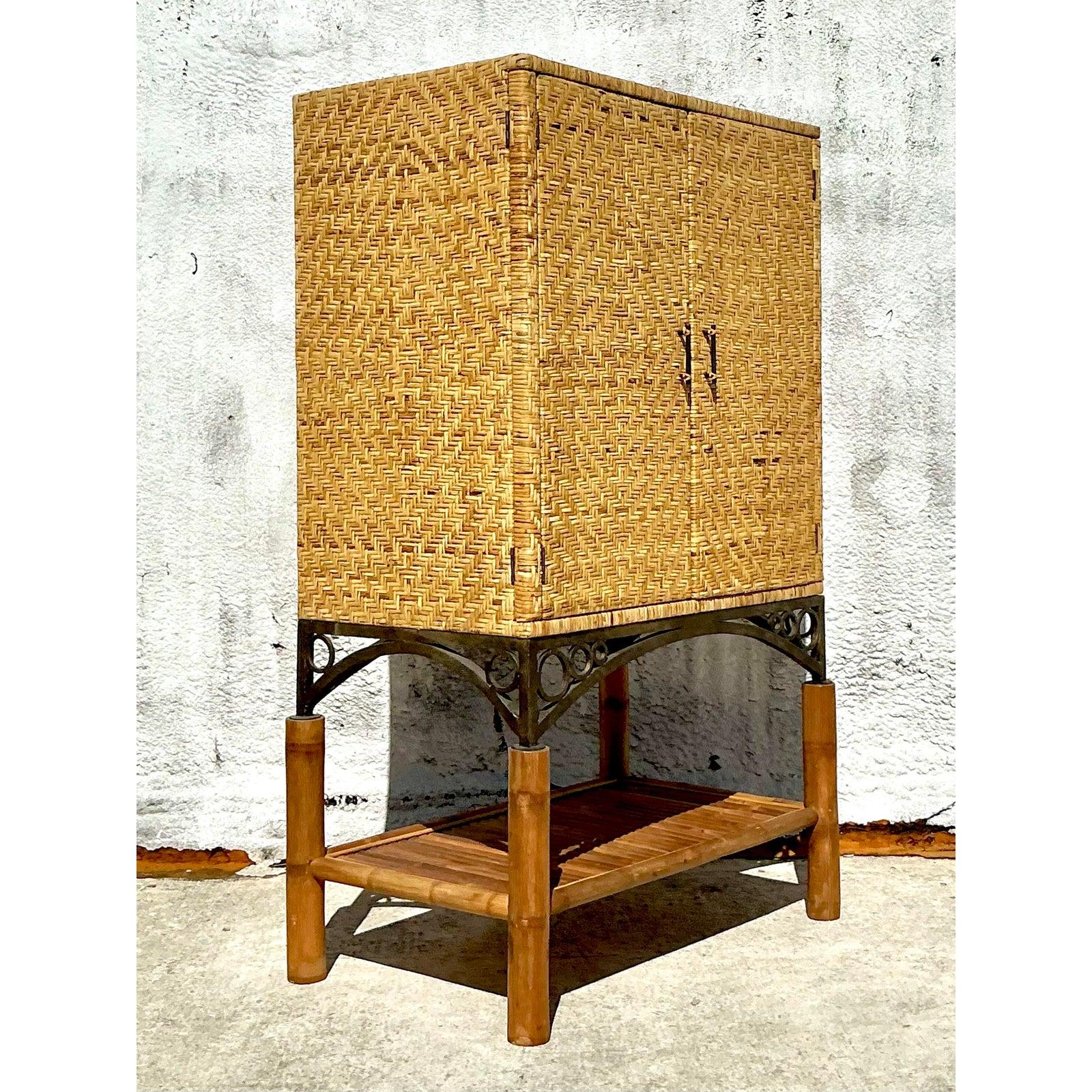 Metal Vintage Coastal Woven Rattan Armoire For Sale