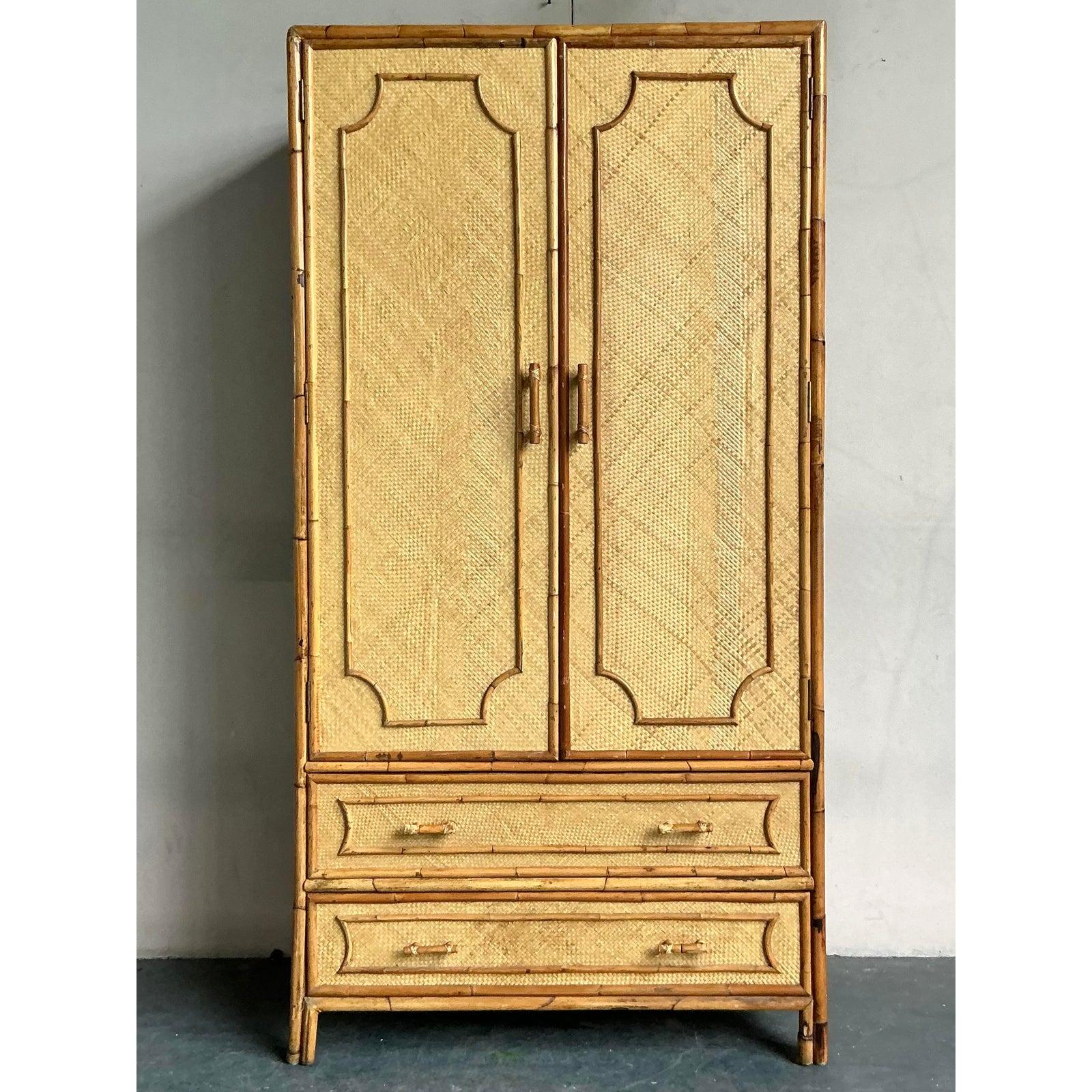 Bamboo Vintage Coastal Woven Rattan Armoire For Sale