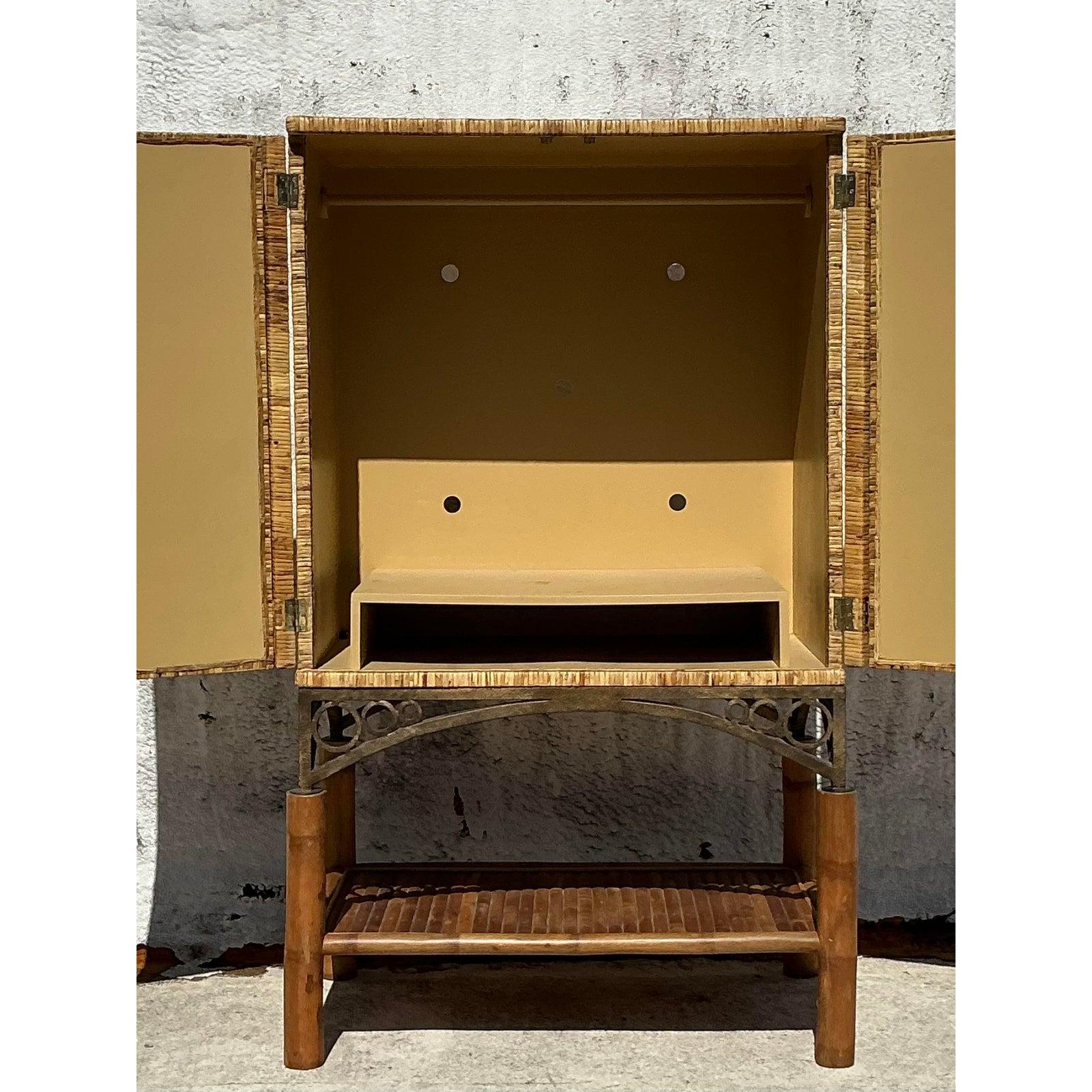 Vintage Coastal Woven Rattan Armoire For Sale 1