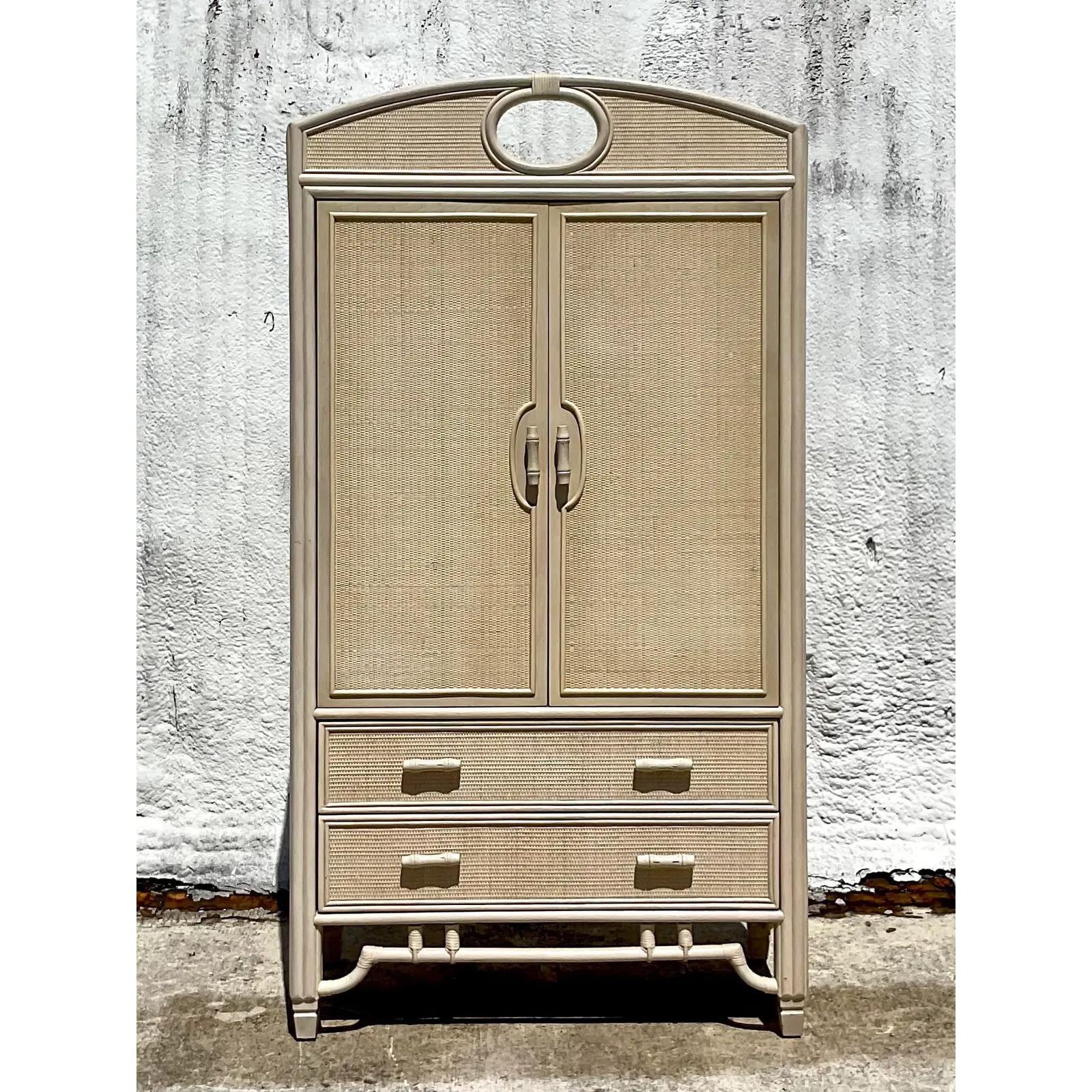 Vintage Coastal Woven Rattan Armoire 2