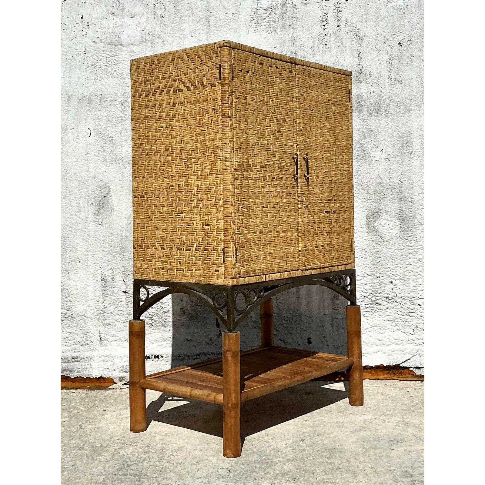 Vintage Coastal Woven Rattan Armoire For Sale 2