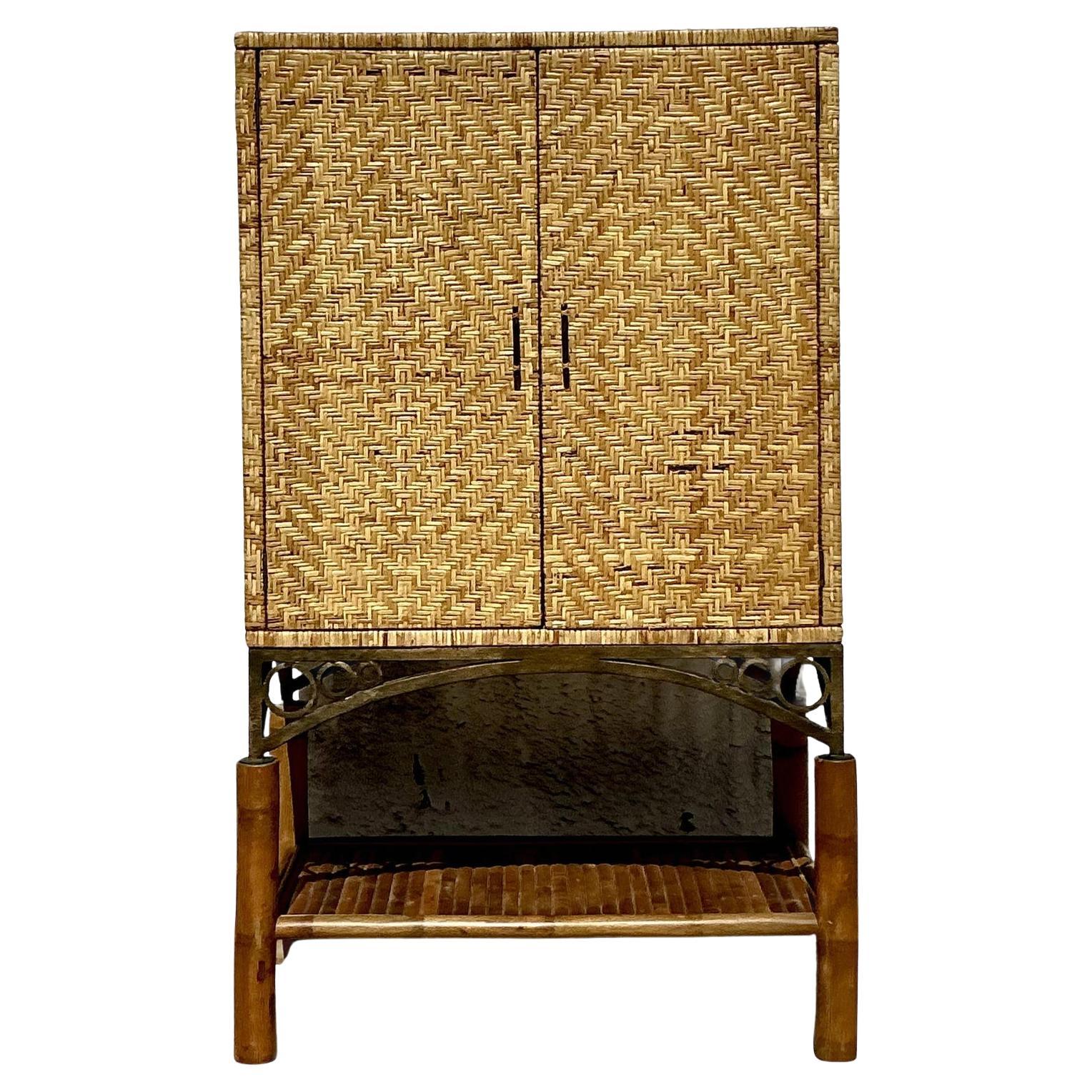 Vintage Coastal Woven Rattan Armoire For Sale