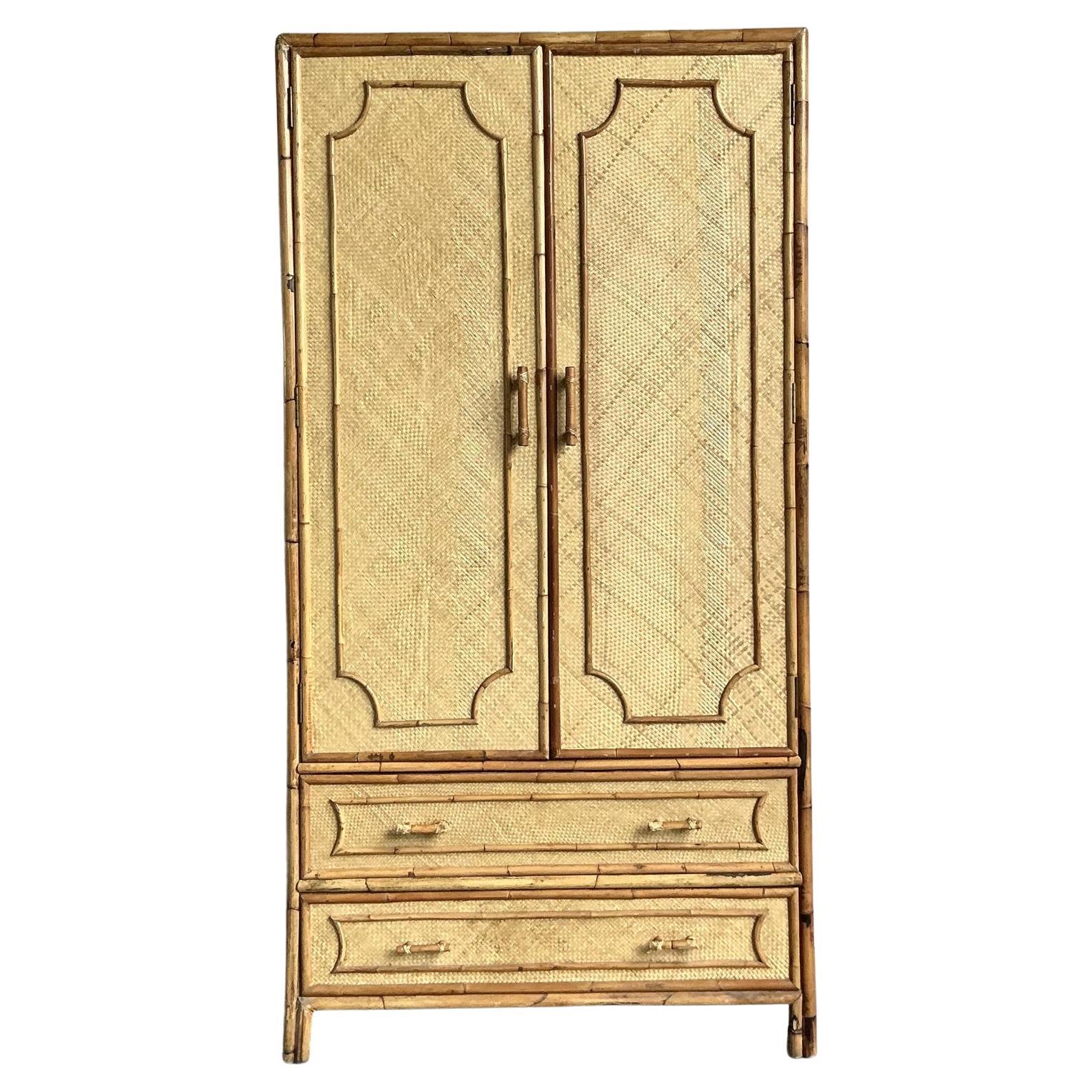 Vintage Coastal Woven Rattan Armoire For Sale