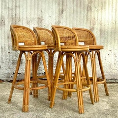 Vintage Coastal Woven Rattan Barhocker - Satz von 5