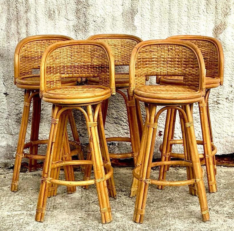 Bohemian Vintage Coastal Woven Rattan Bar Stools - Set of 5