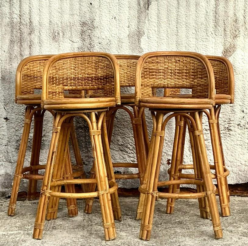 Philippine Vintage Coastal Woven Rattan Bar Stools - Set of 5