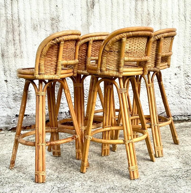 Vintage Coastal Woven Rattan Bar Stools - Set of 5 In Good Condition In West Palm Beach, FL