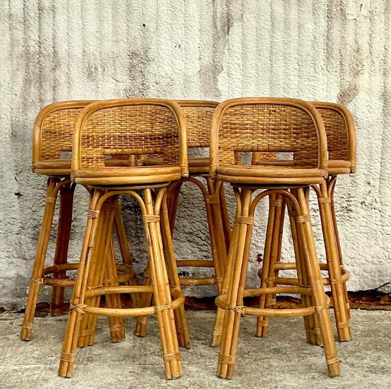 20th Century Vintage Coastal Woven Rattan Bar Stools - Set of 5