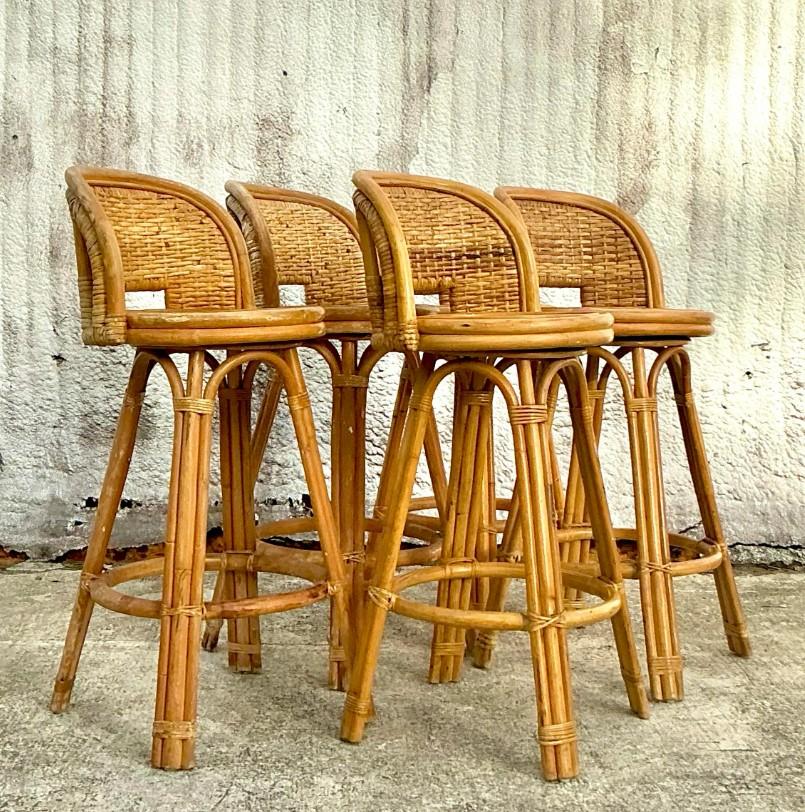 Vintage Coastal Woven Rattan Bar Stools - Set of 5 1