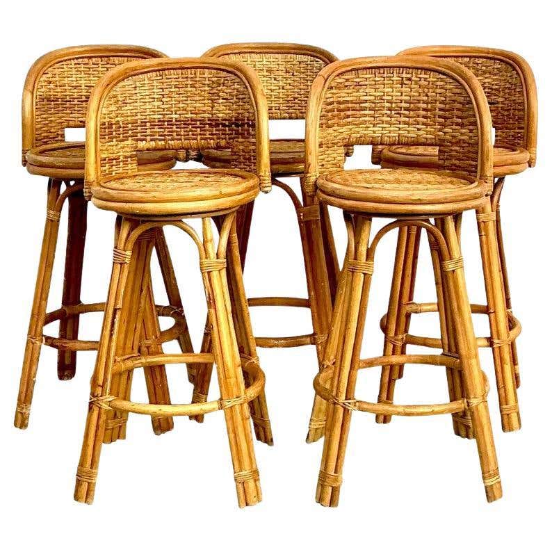 Asian Rattan Stool Vintage Costal Woven Rattan Bar Stools - Set of 5 For Sale at 1stDibs