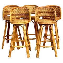 Vintage Coastal Woven Rattan Bar Stools - Set of 5