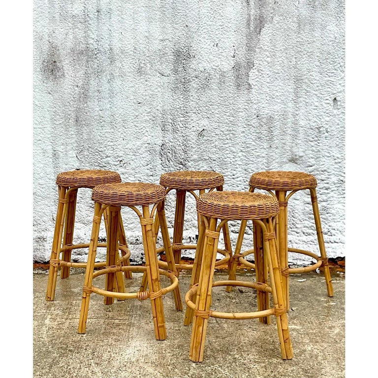 Vintage Coastal Woven Rattan Bar Stools, Set of Five For Sale at 1stDibs