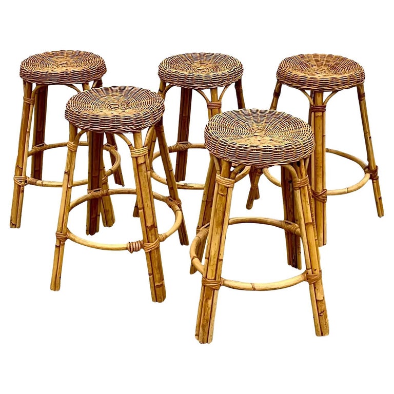 Vintage Coastal Woven Rattan Bar Stools, Set of Five For Sale at 1stDibs