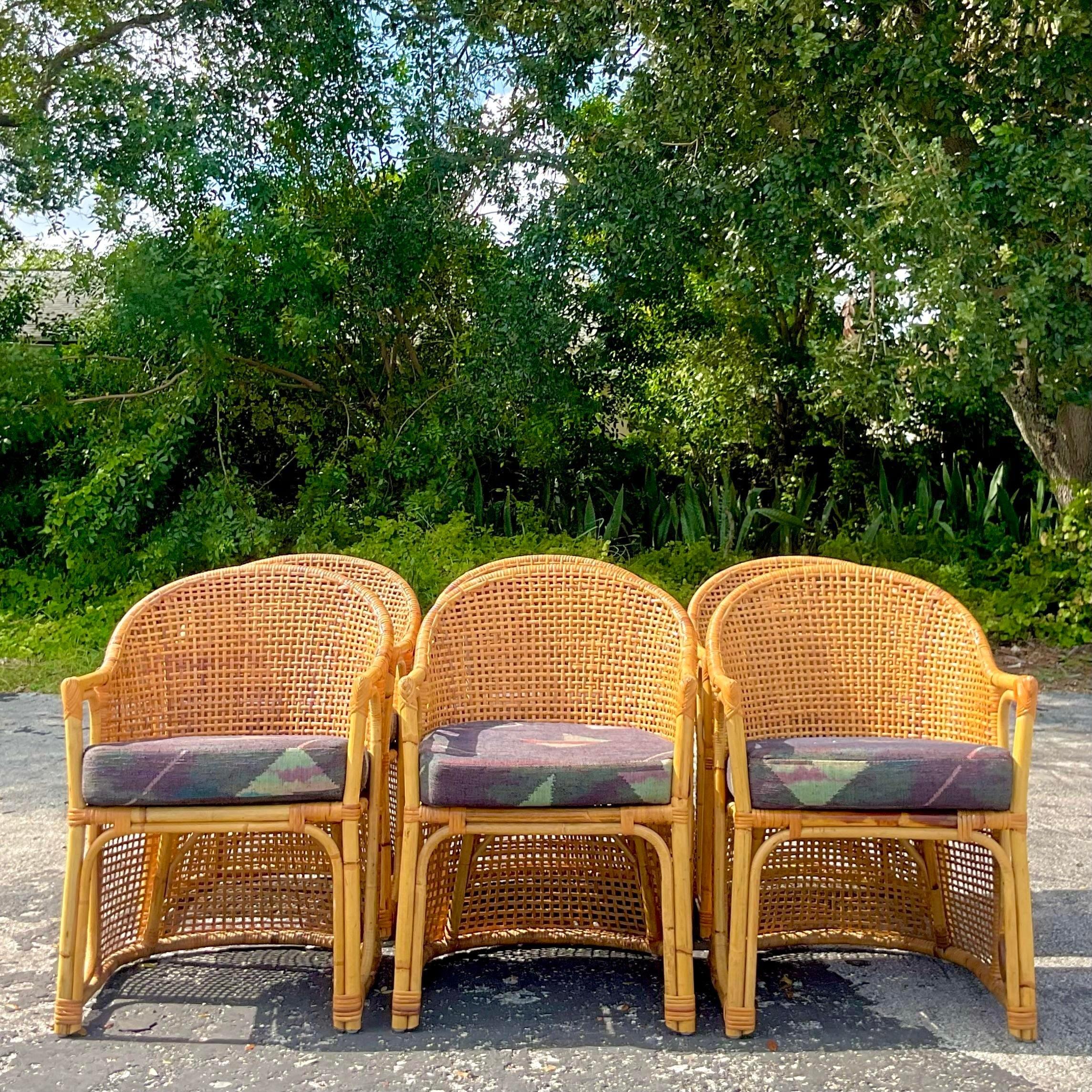 Philippine Vintage Coastal Woven Rattan Barrel Back Dining Chairs - Set of 6