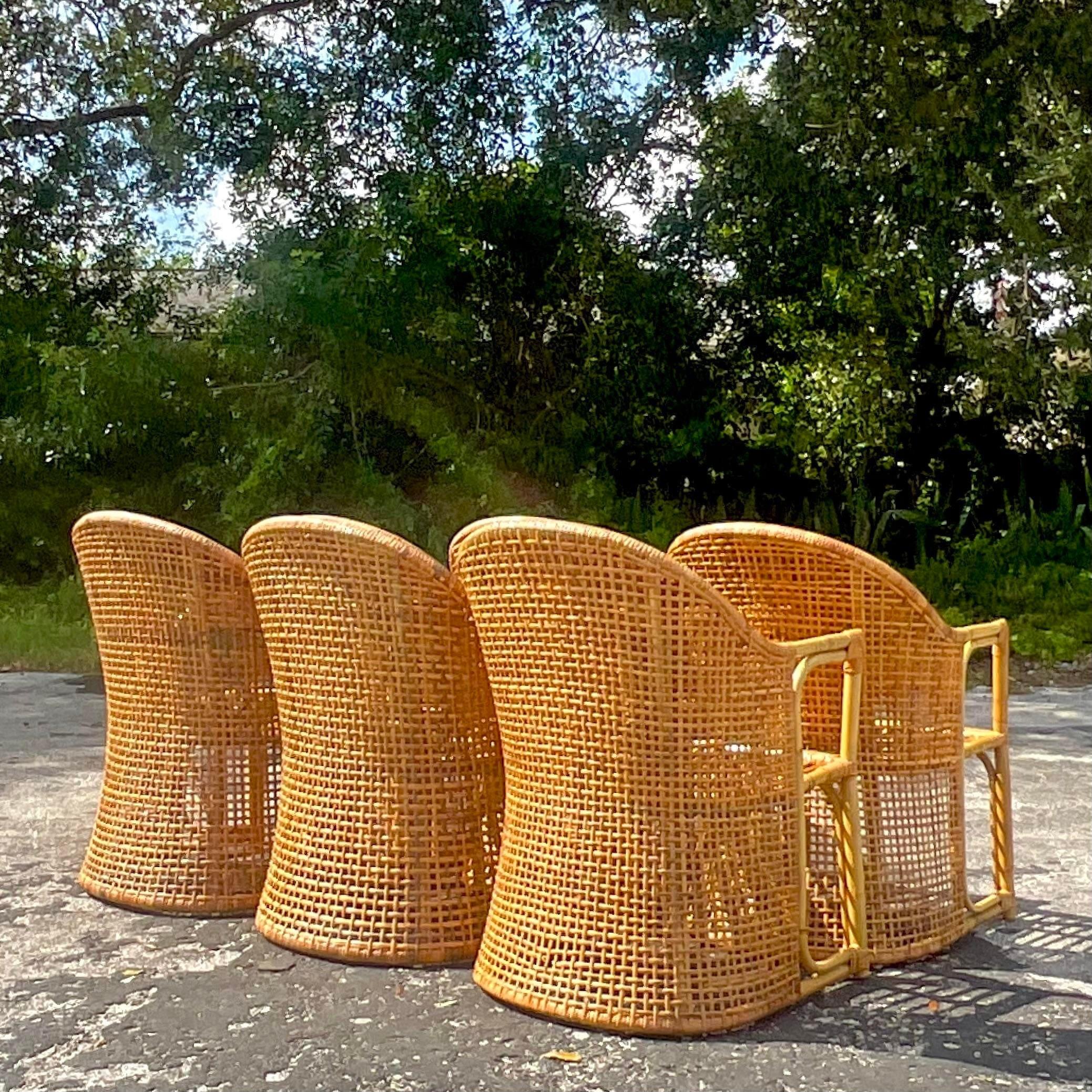 Vintage Coastal Woven Rattan Barrel Back Dining Chairs - Set of 6 In Good Condition In west palm beach, FL