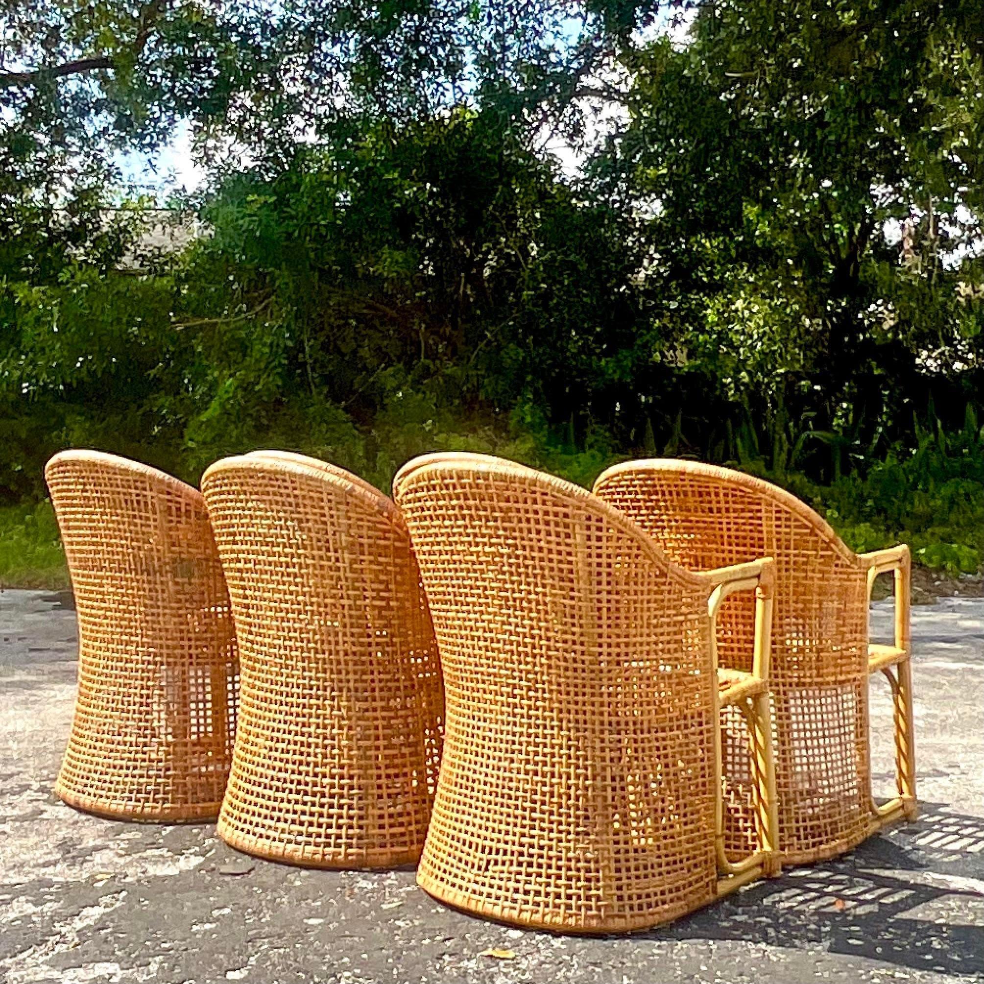Upholstery Vintage Coastal Woven Rattan Barrel Back Dining Chairs - Set of 6