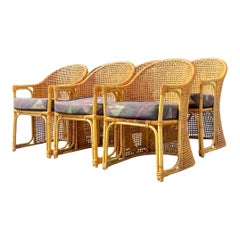 Vintage Coastal Woven Rattan Barrel Back Dining Chairs - Set of 6
