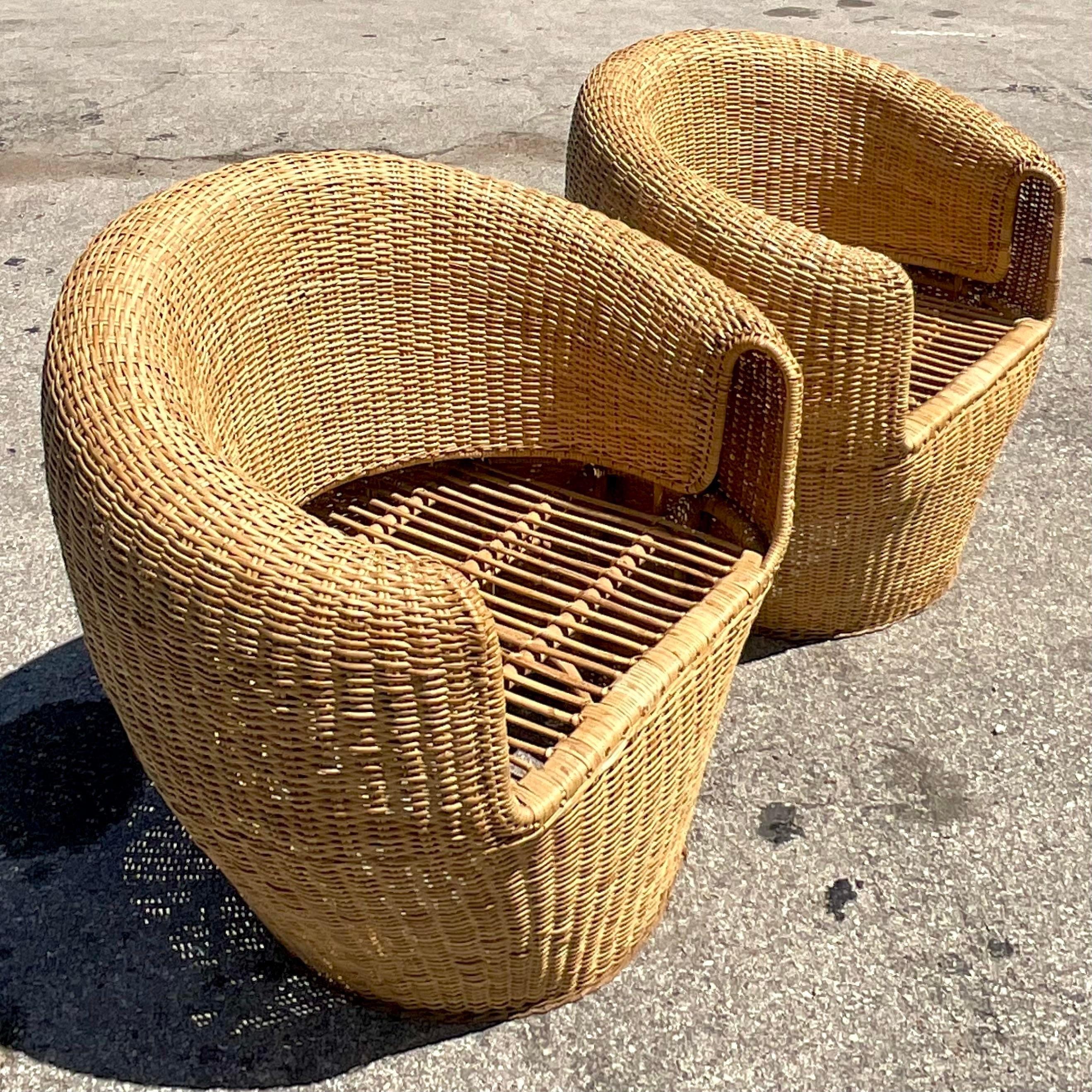 Modern Vintage Coastal Woven Rattan Barrel Chairs, a Pair
