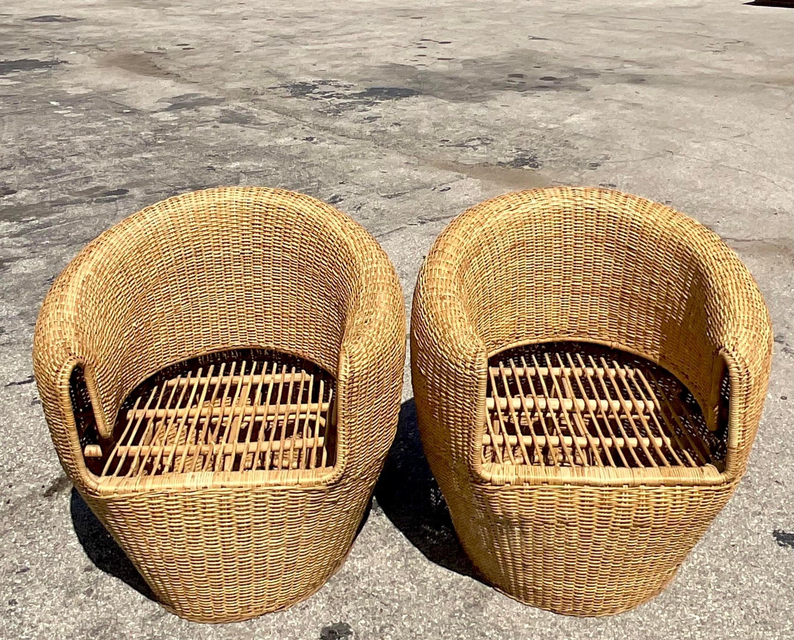 Philippine Vintage Coastal Woven Rattan Barrel Chairs, a Pair