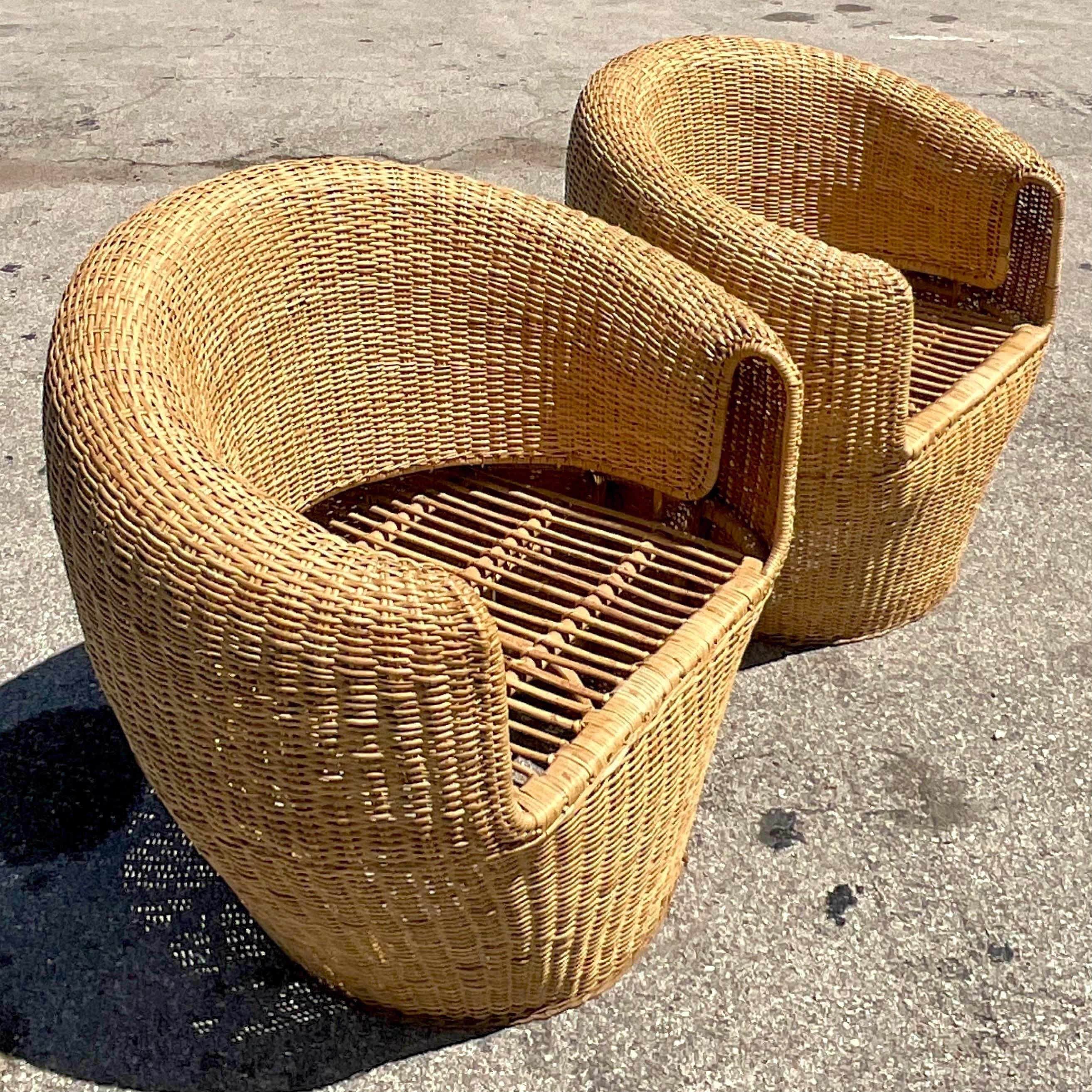 Vintage Coastal Woven Rattan Barrel Chairs, a Pair In Good Condition In west palm beach, FL