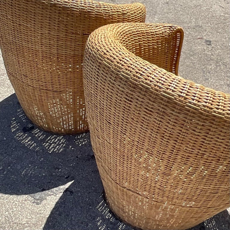 Vintage Coastal Woven Rattan Barrel Chairs a Pair For Sale at 1stDibs