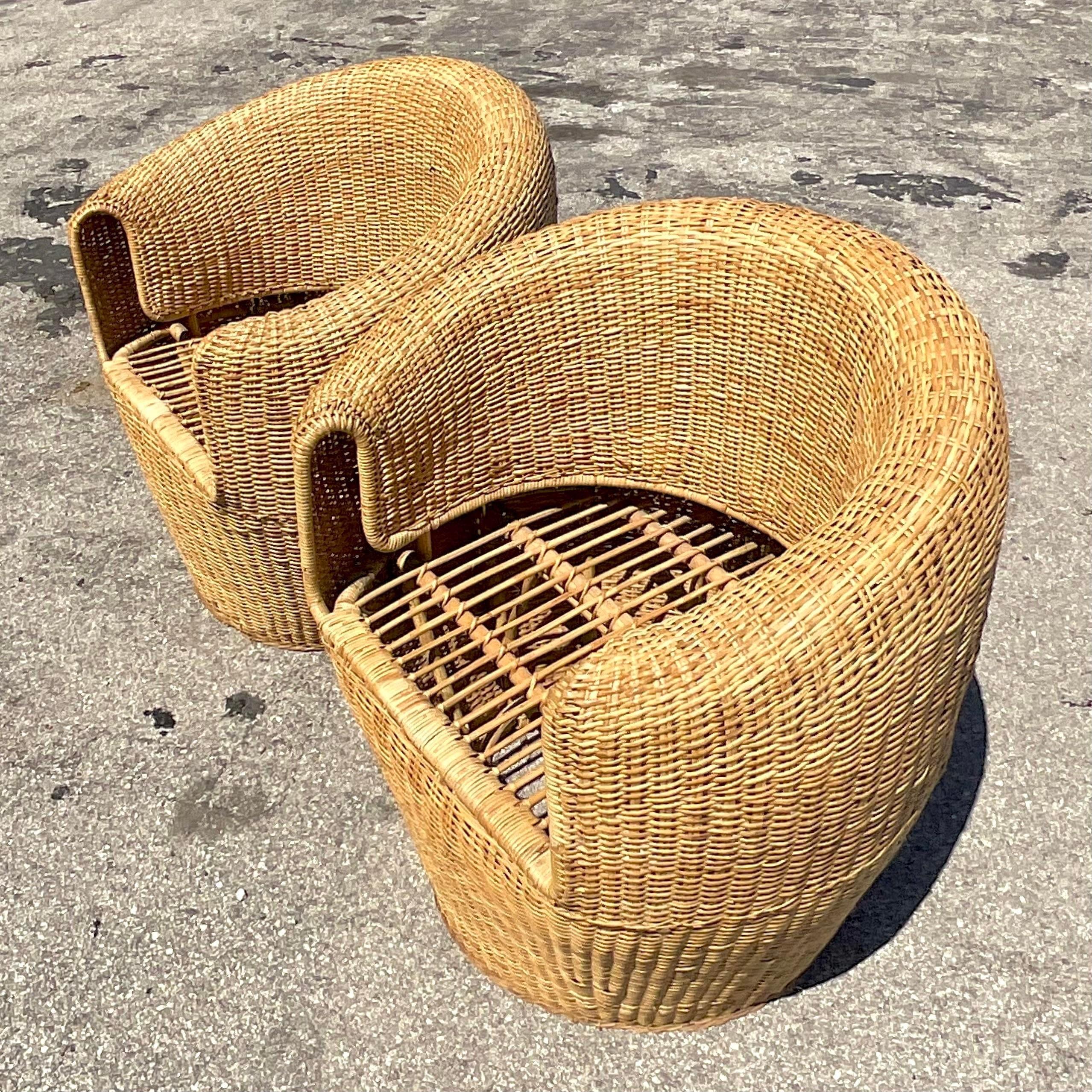 Vintage Coastal Woven Rattan Barrel Chairs, a Pair 2