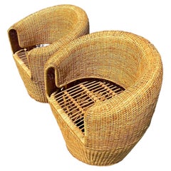Vintage Coastal Woven Rattan Barrel Chairs, a Pair