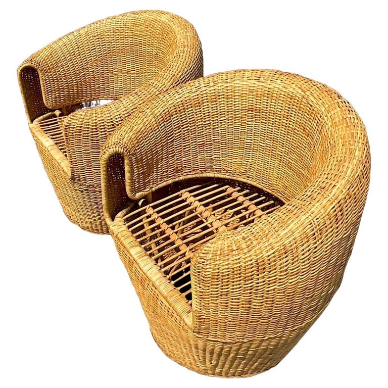 Vintage Coastal Woven Rattan Barrel Chairs a Pair For Sale at 1stDibs