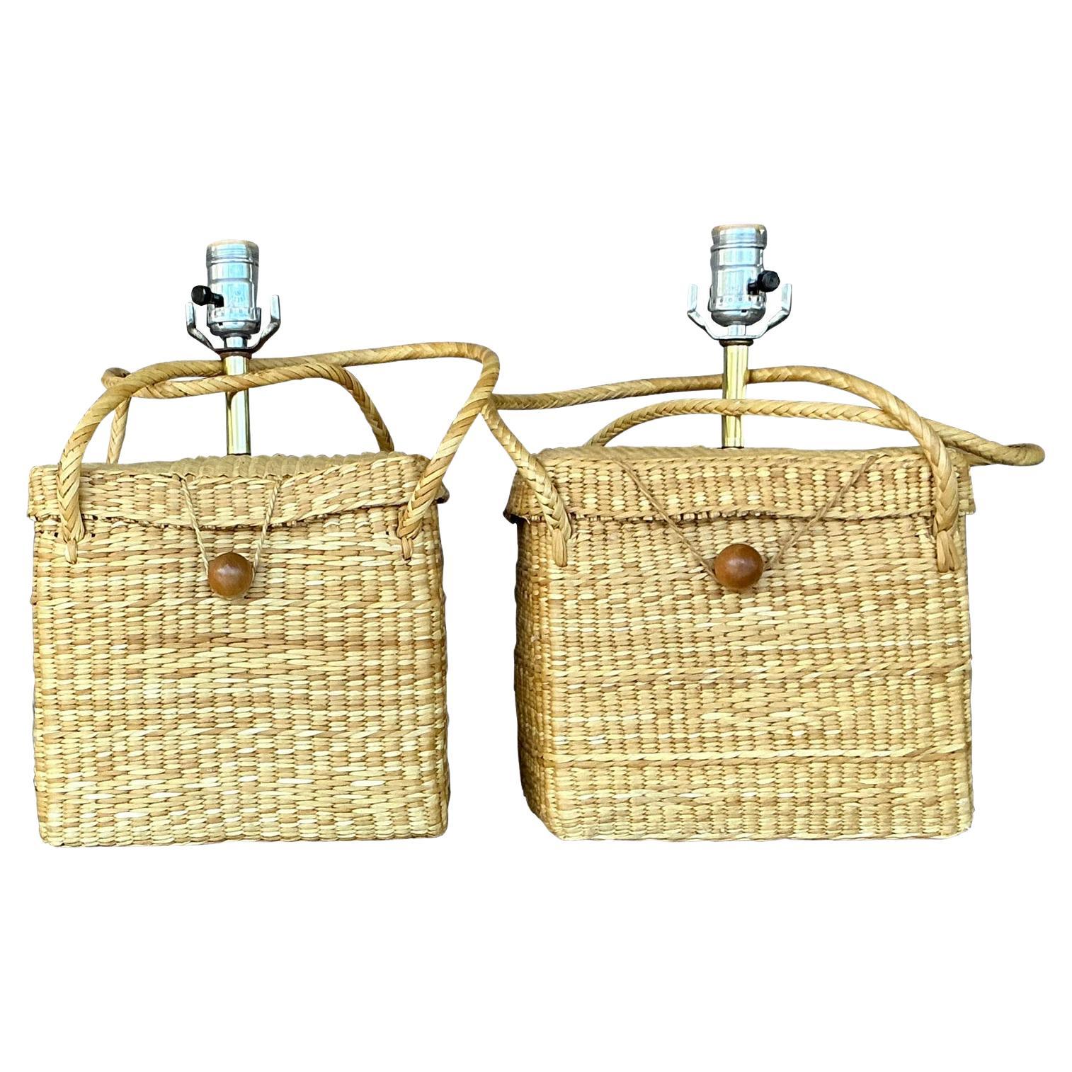 Vintage Coastal Woven Rattan Basket Lamps - A Pair