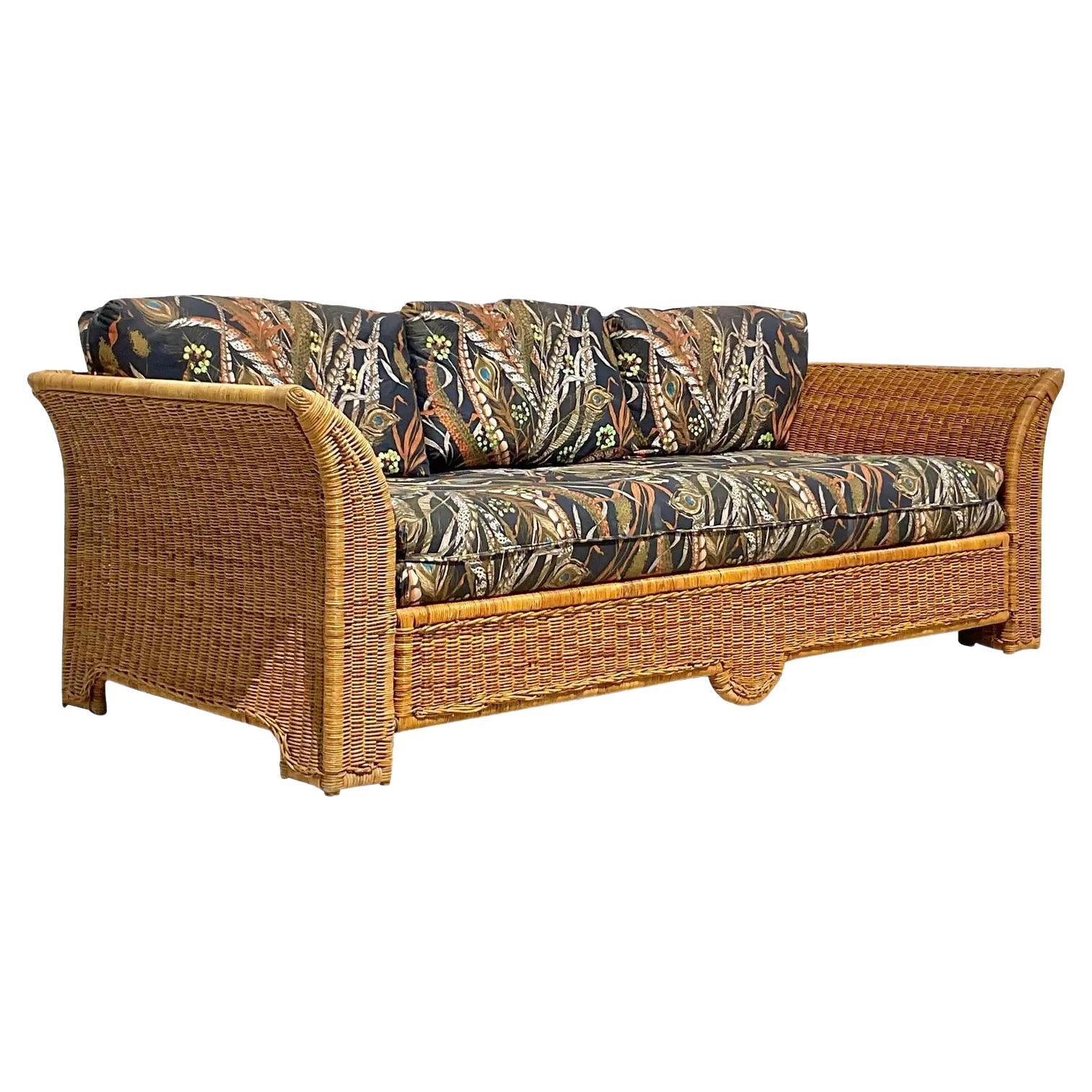 Vintage Coastal Woven Rattan Bat Wing Sofa