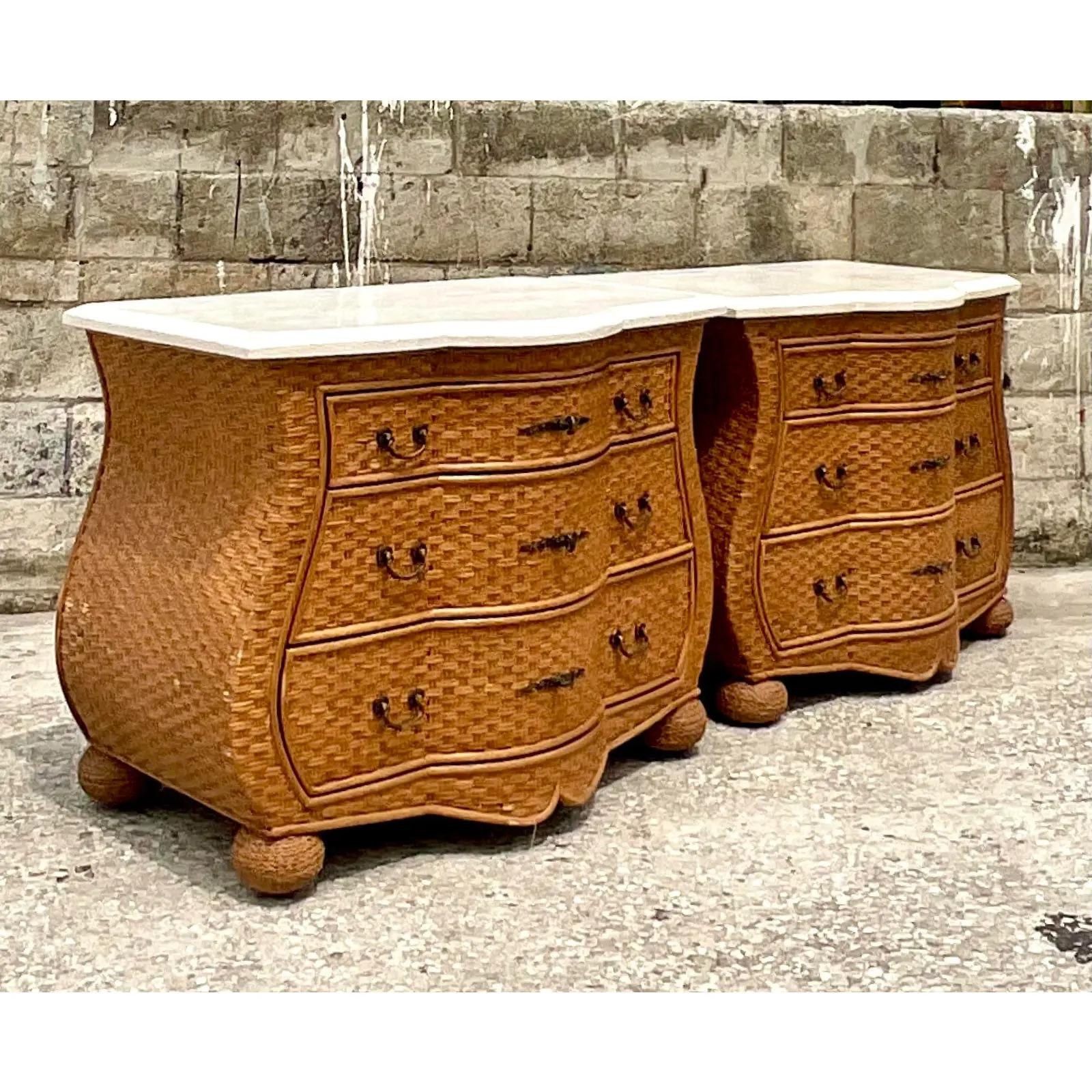 Vintage Coastal Woven Rattan Bombe Chests, a Pair In Good Condition In West Palm Beach, FL