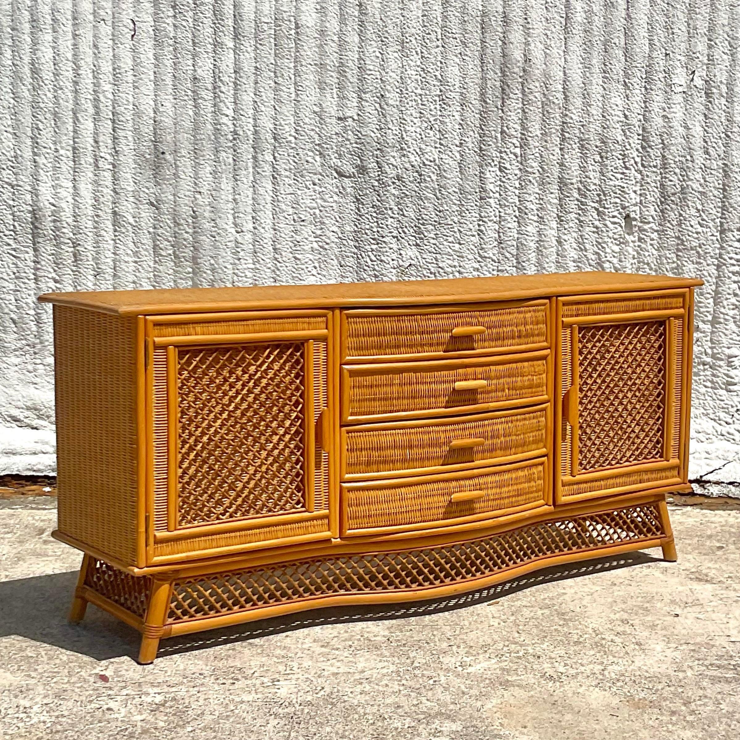 Vintage Coastal Woven Rattan Bow Front Credenza In Good Condition For Sale In west palm beach, FL