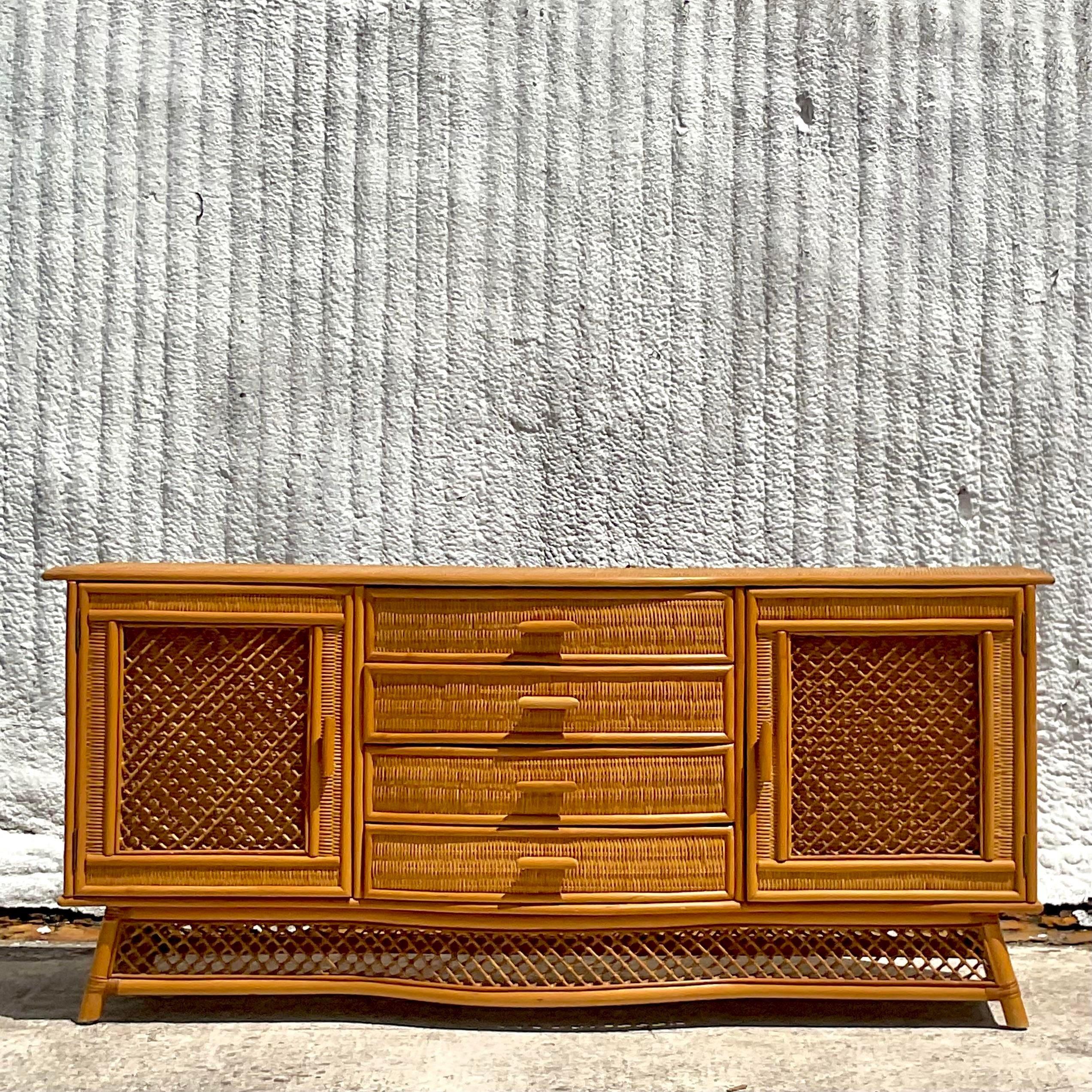 20th Century Vintage Coastal Woven Rattan Bow Front Credenza For Sale