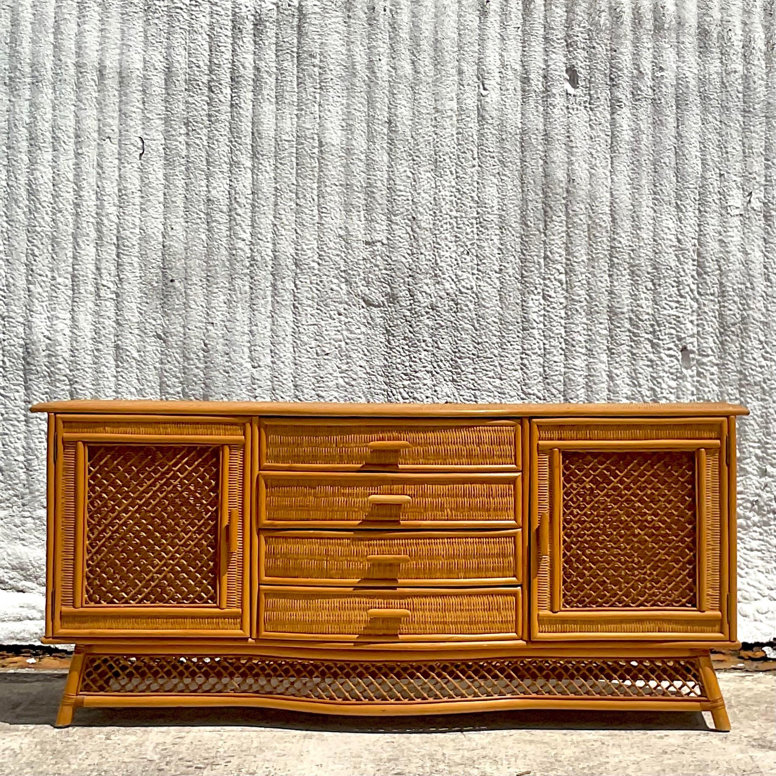 20th Century Vintage Coastal Woven Rattan Bow Front Credenza