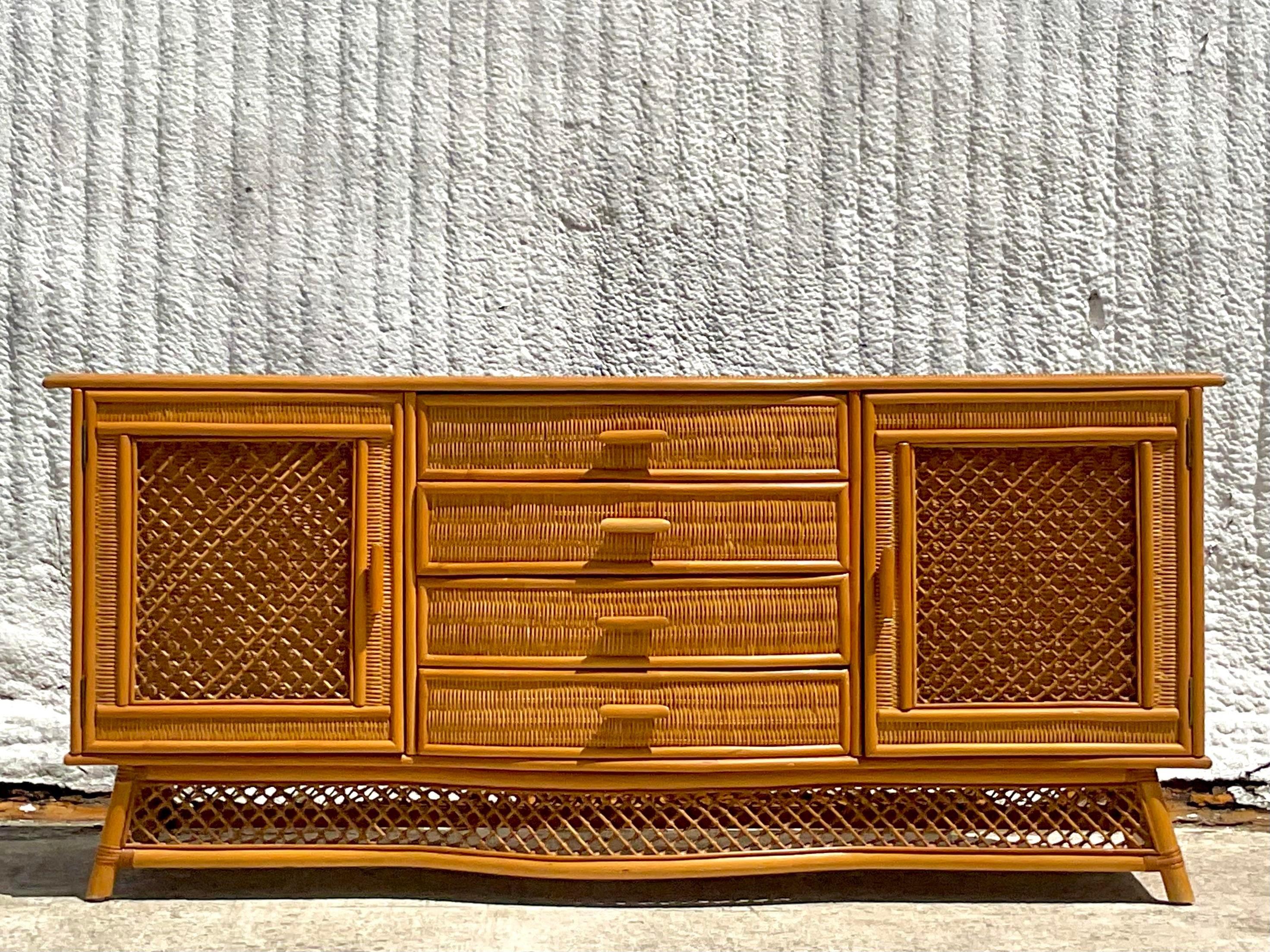 Vintage Coastal Woven Rattan Bow Front Credenza For Sale 1