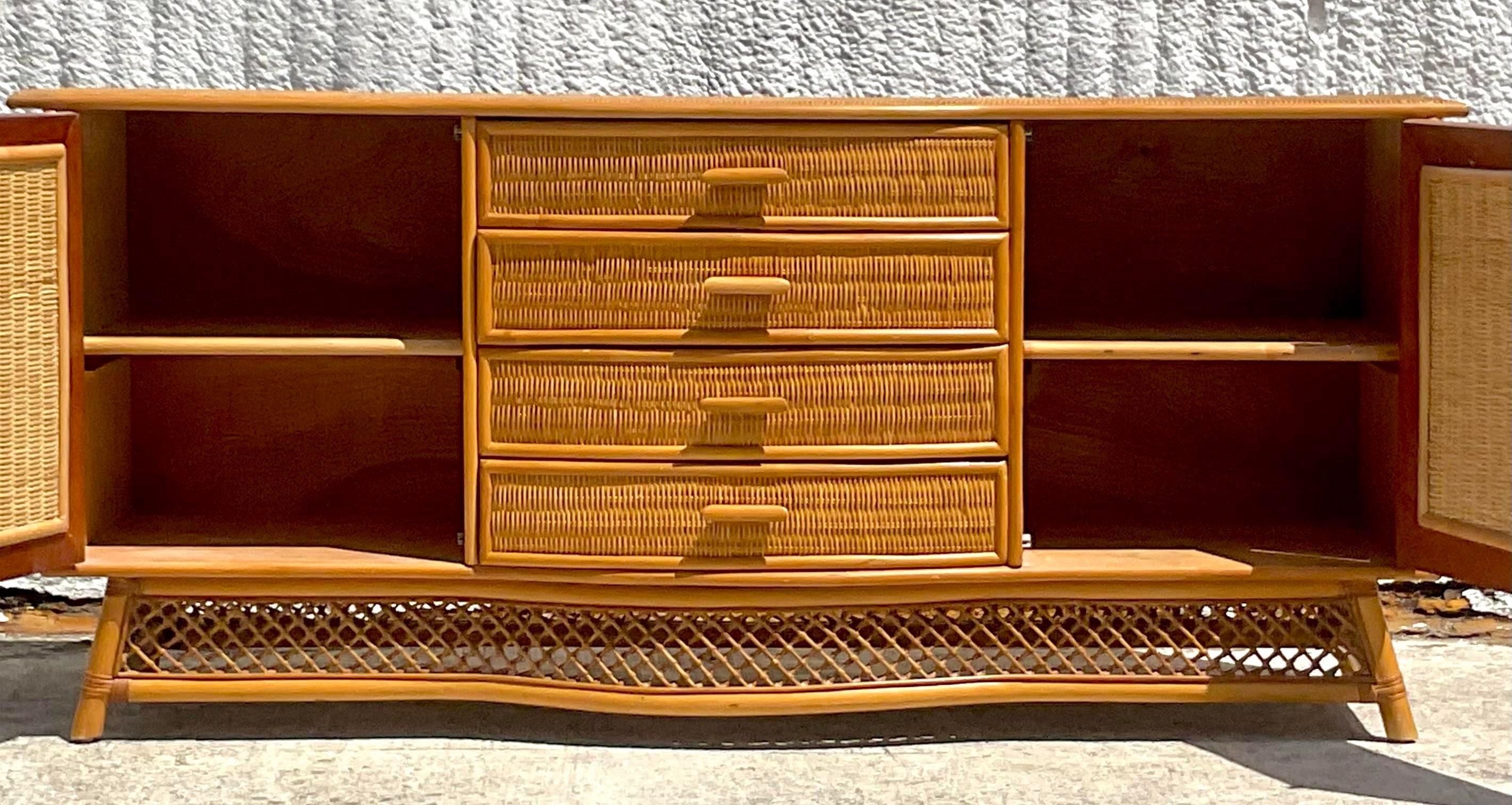 Vintage Coastal Woven Rattan Bow Front Credenza For Sale 2