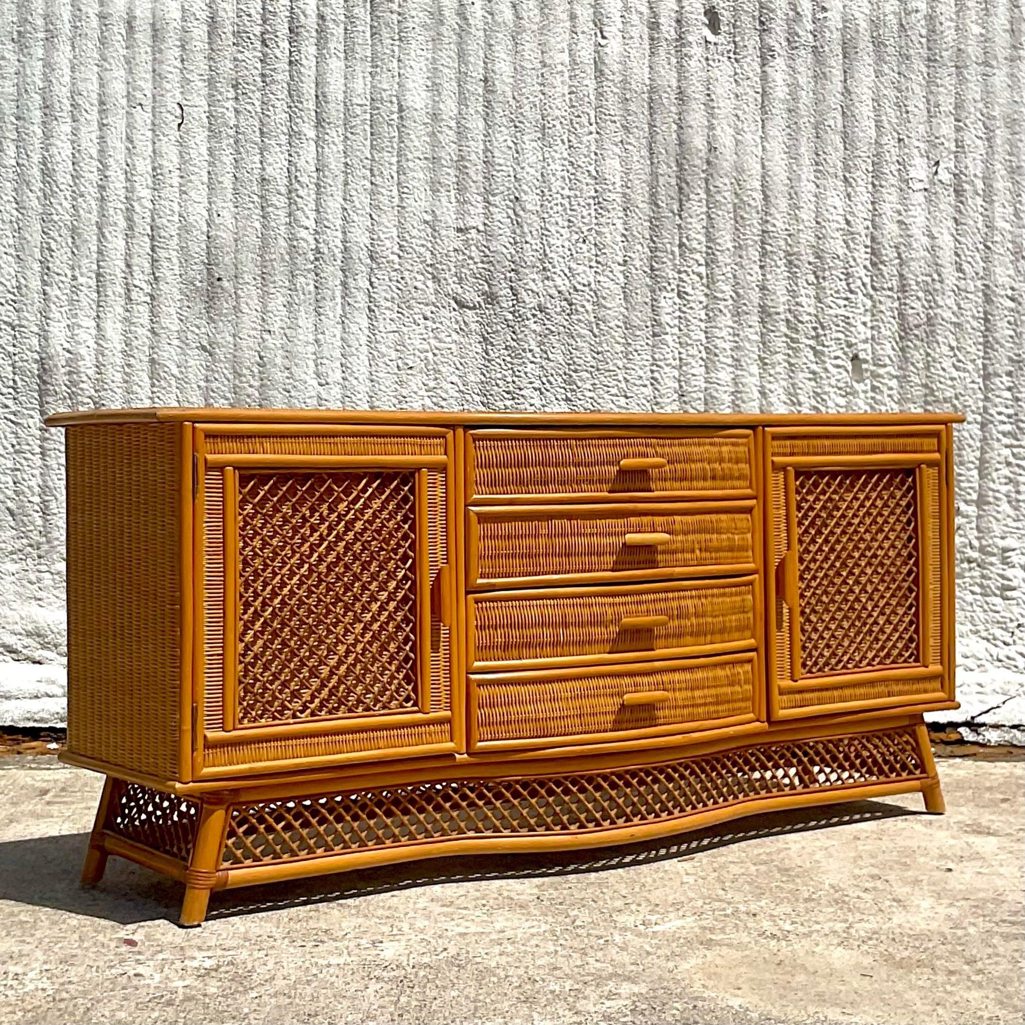 Vintage Coastal Woven Rattan Bow Front Credenza For Sale 3