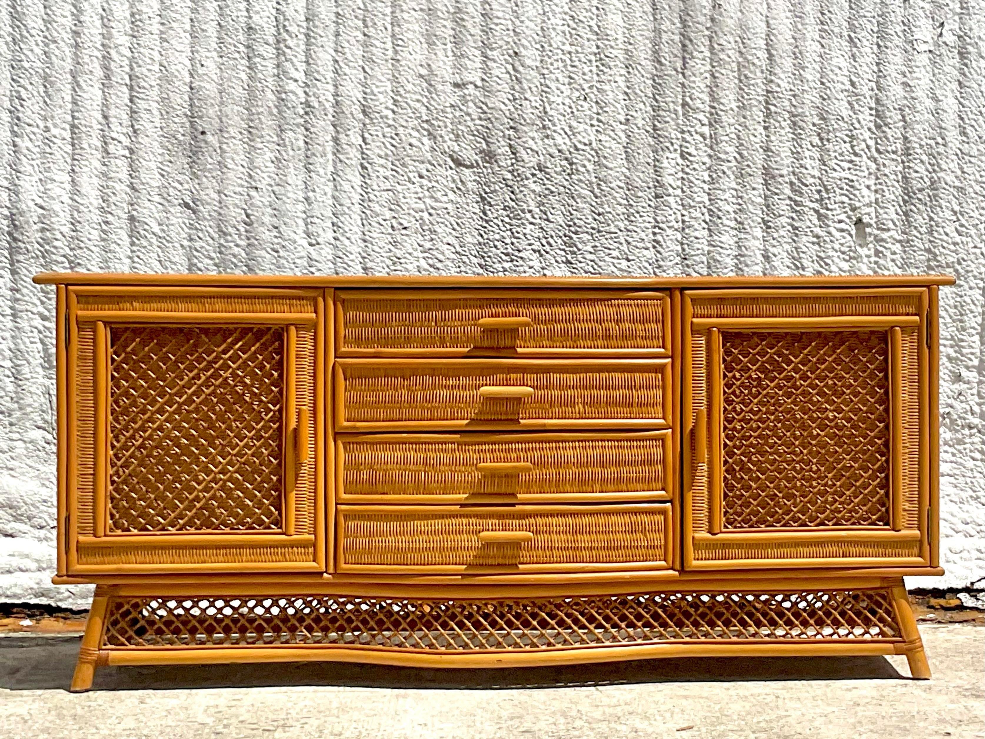 Vintage Coastal Woven Rattan Bow Front Credenza For Sale 4
