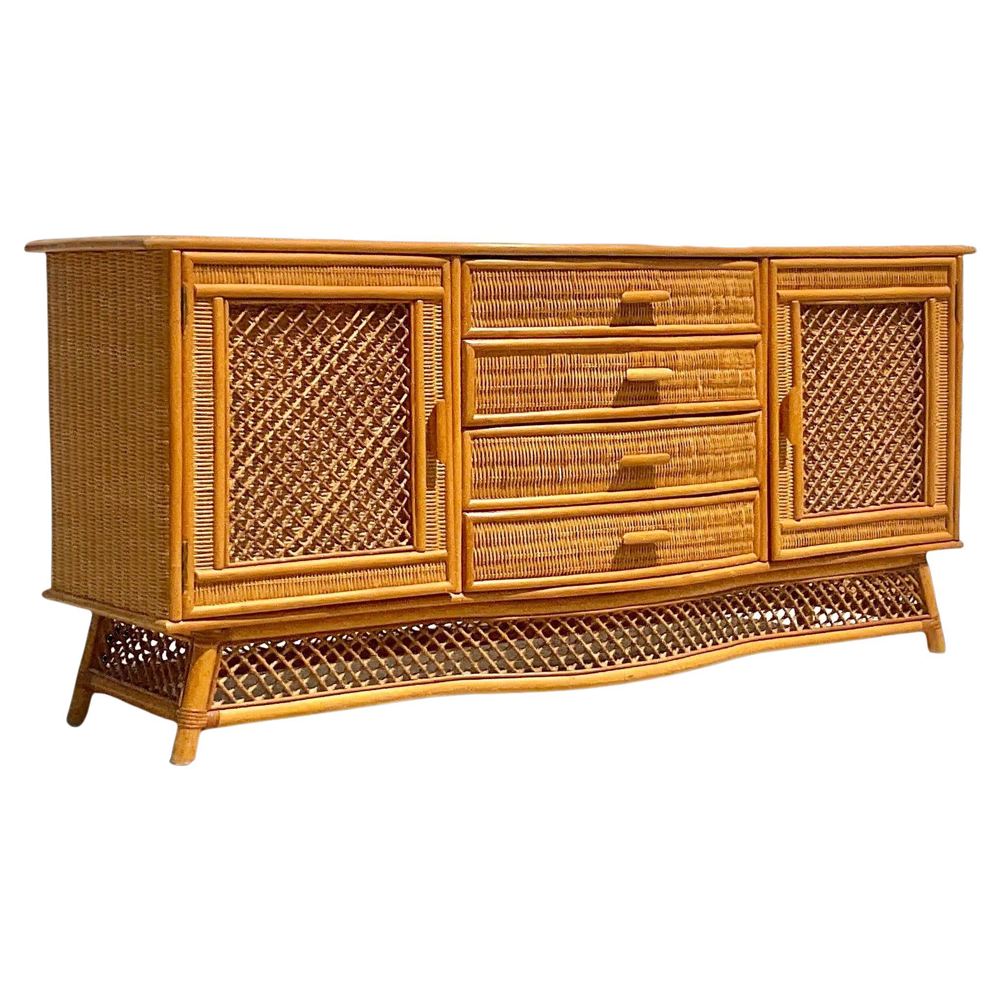 Vintage Coastal Woven Rattan Bow Front Credenza For Sale
