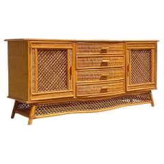 Vintage Coastal Woven Rattan Bow Front Credenza