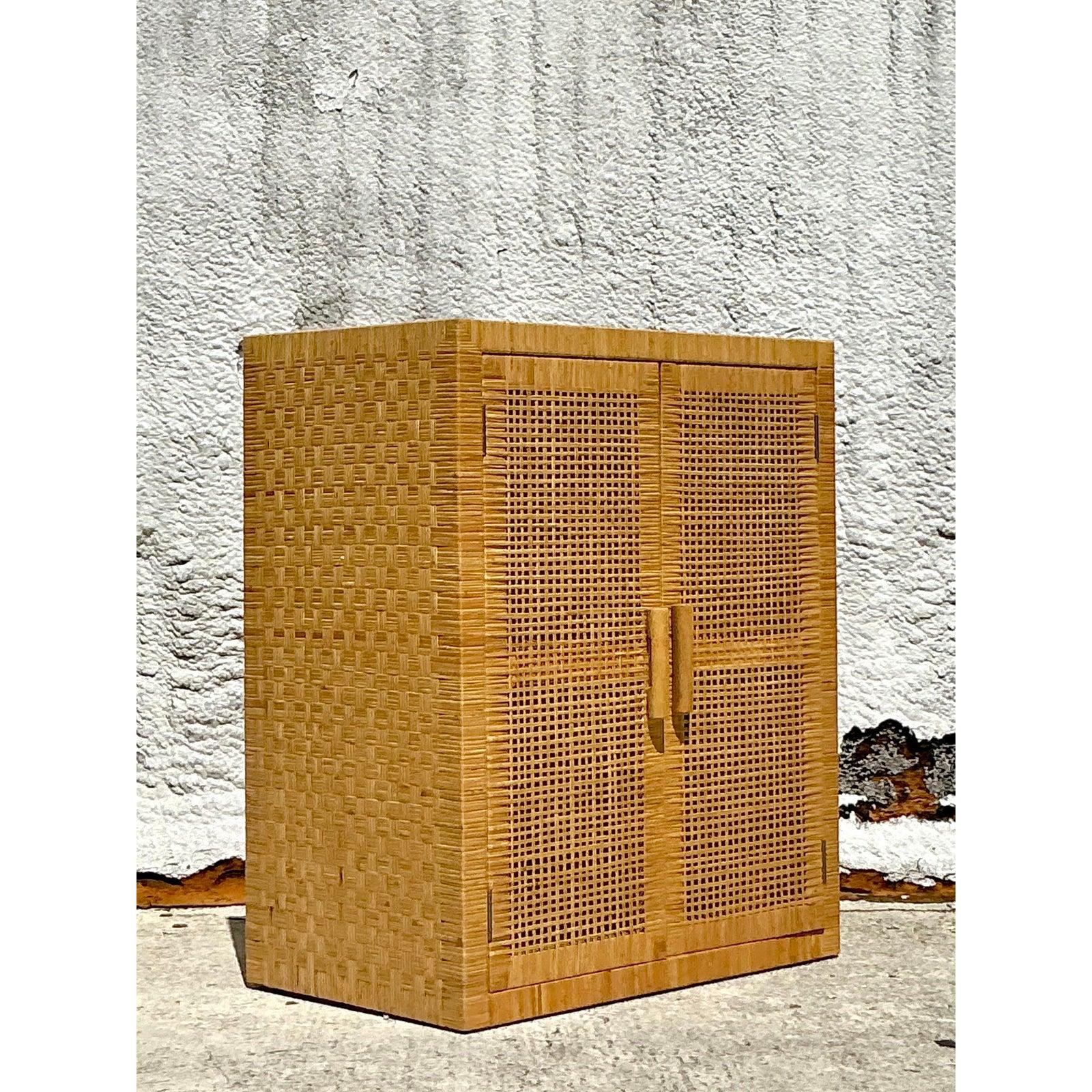Vintage Coastal Woven Rattan Cabinet In Good Condition For Sale In West Palm Beach, FL