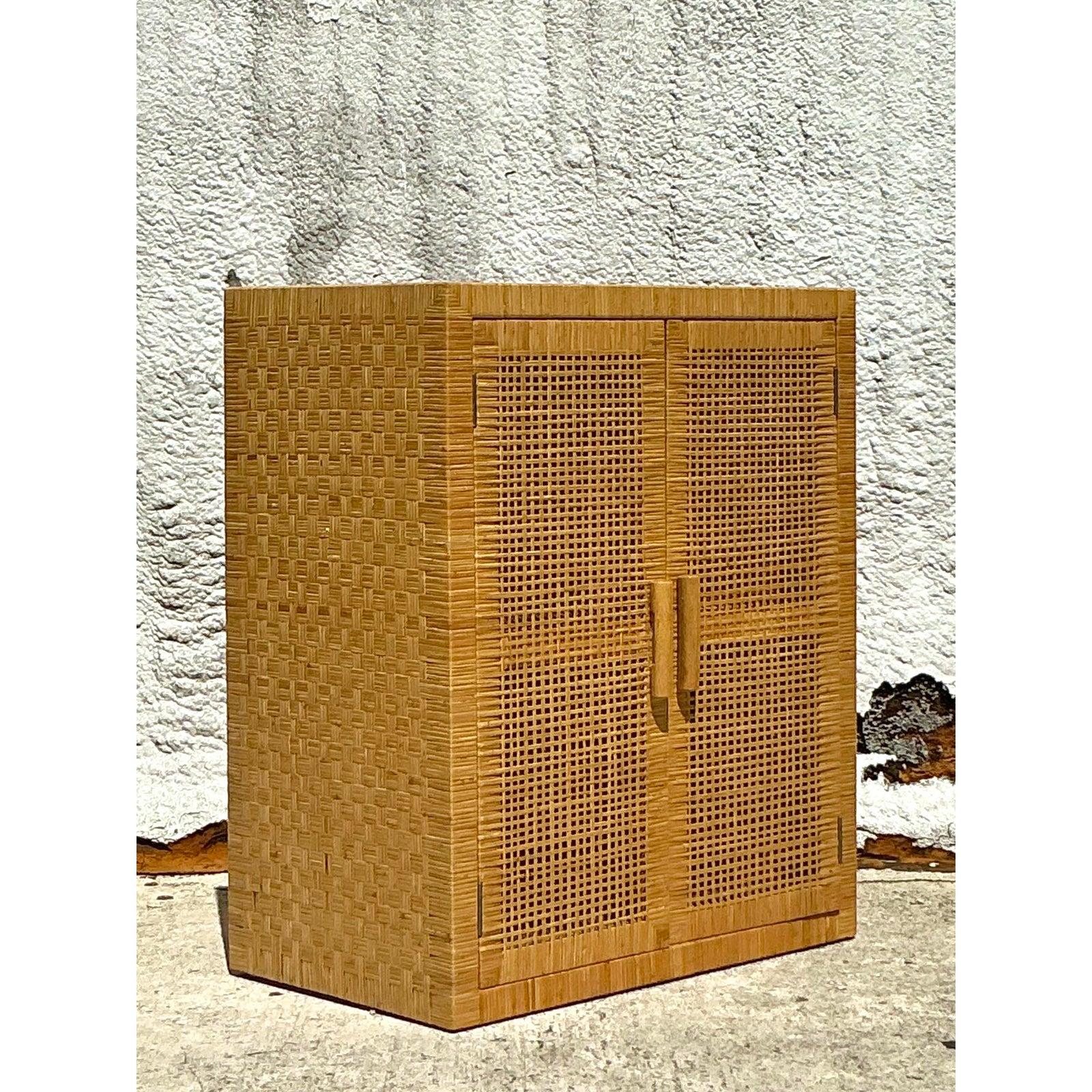 20th Century Vintage Coastal Woven Rattan Cabinet For Sale
