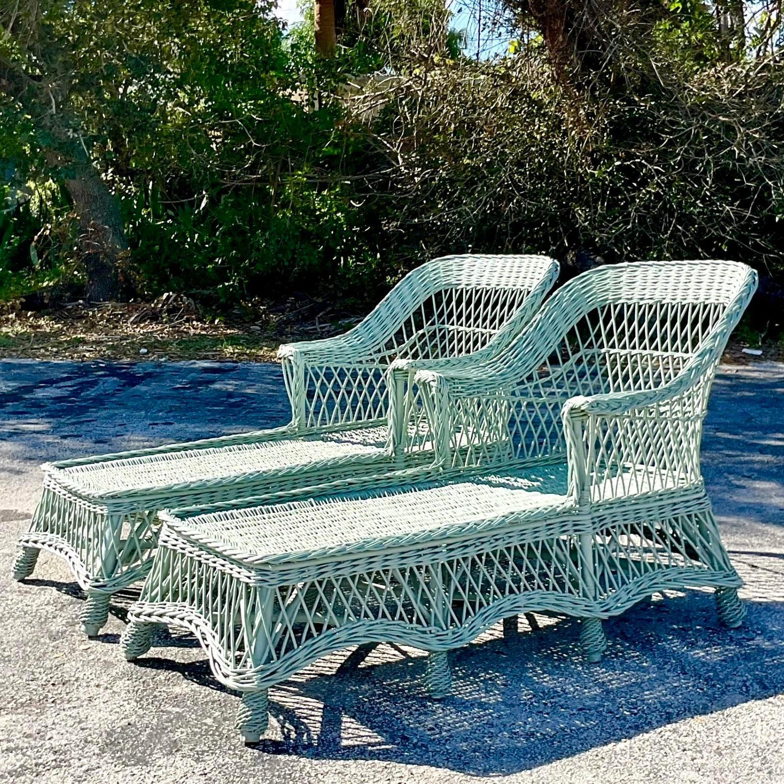American Vintage Coastal Woven Rattan Chaise Lounge - a Pair