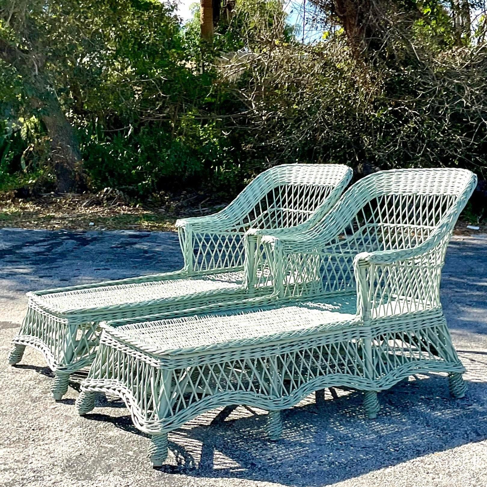 Vintage Coastal Woven Rattan Chaise Lounge - a Pair In Good Condition In west palm beach, FL