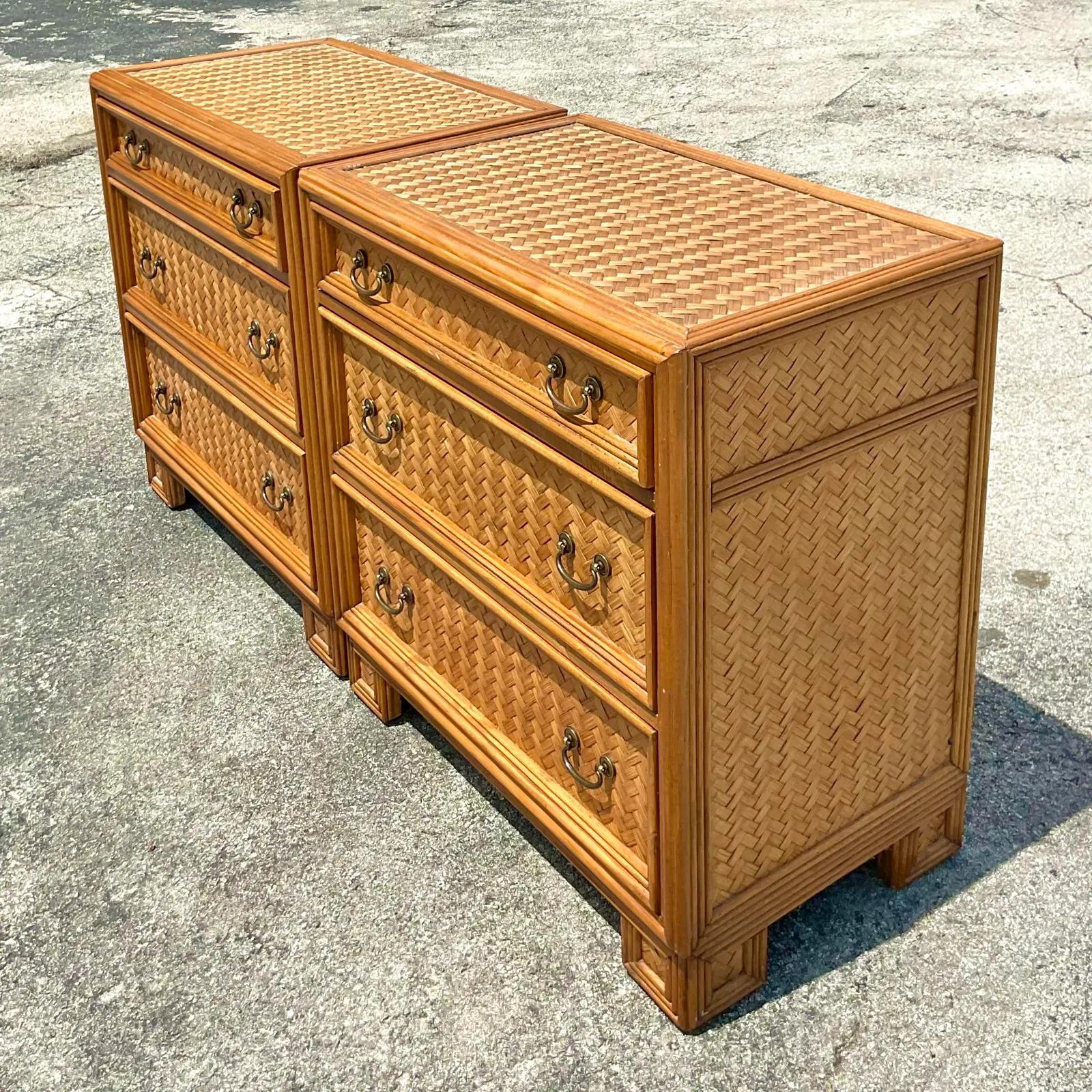 Philippine Vintage Coastal Woven Rattan Chest of Drawers, a Pair